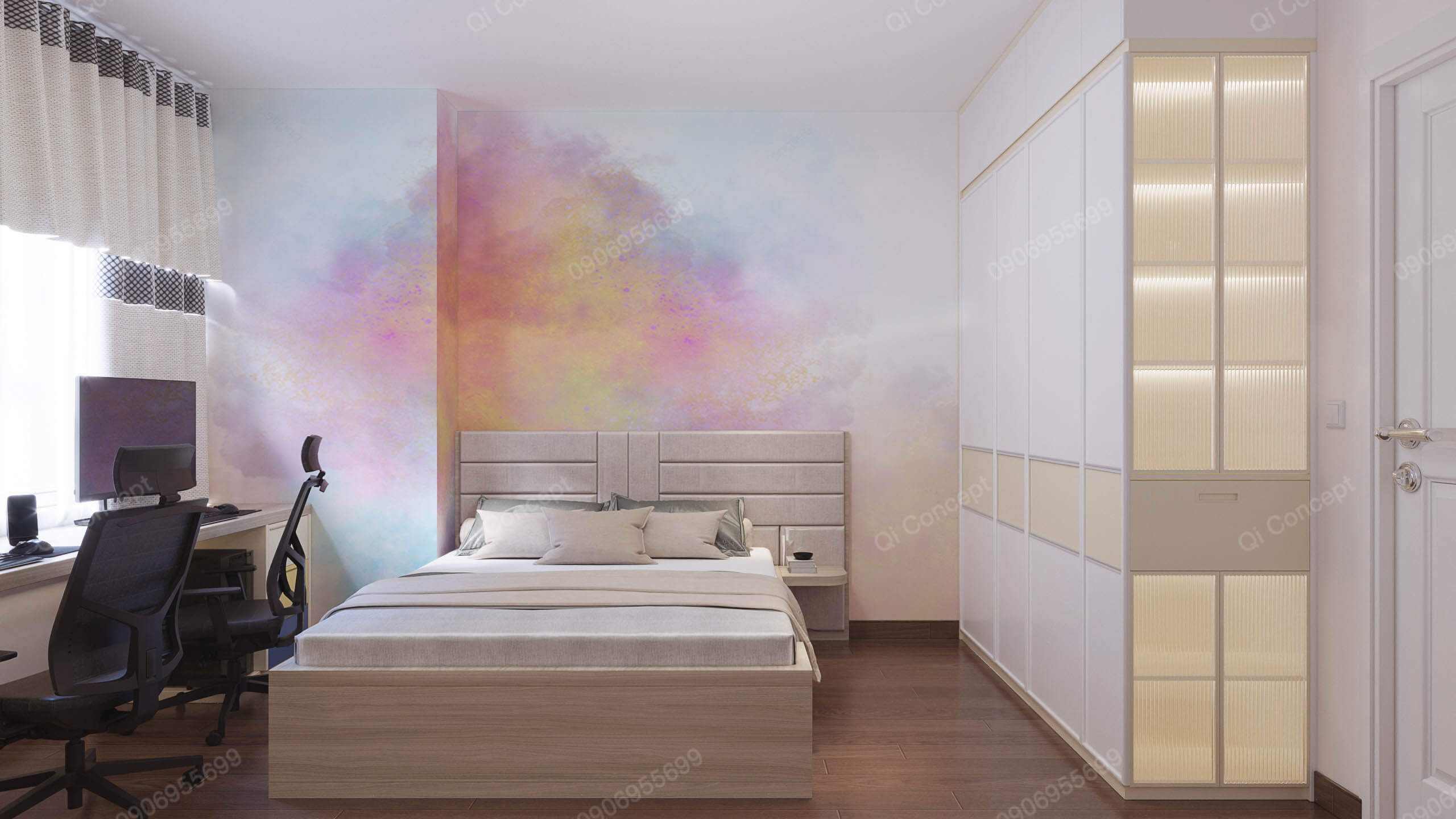 Phòng ngủ master phong cách Color Block - Mảng tường màu loang độc đáo.