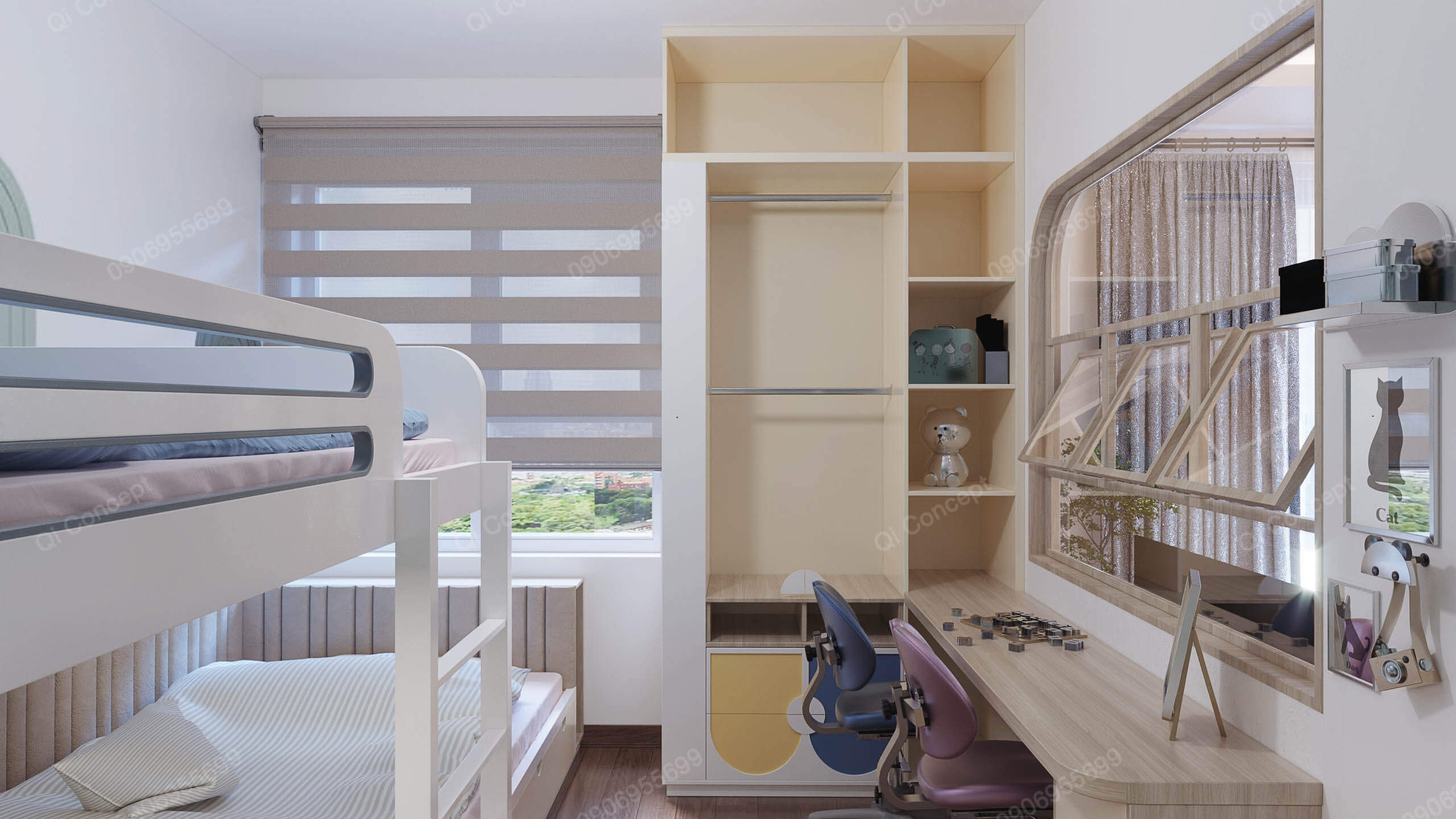 Thiết kế phòng ngủ trẻ em phong cách Color Block - Giường tầng và bàn học.