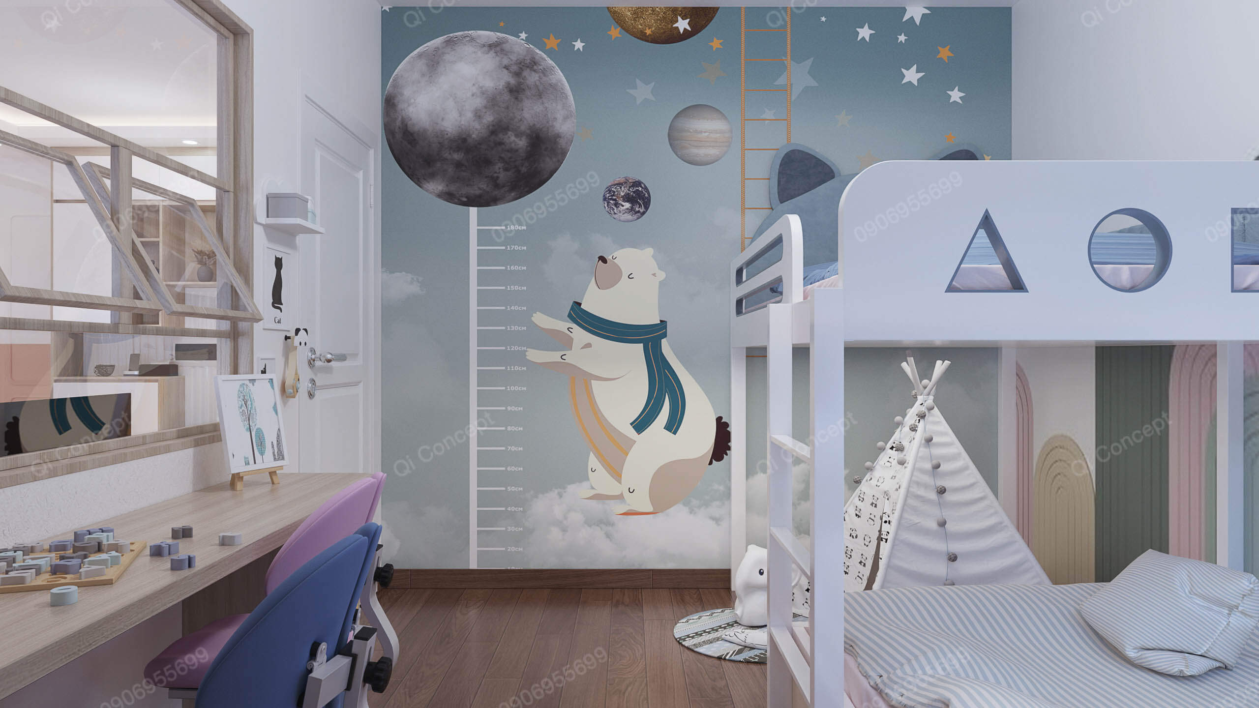 Phòng ngủ trẻ em phong cách Color Block - Giường tầng và decor vũ trụ.