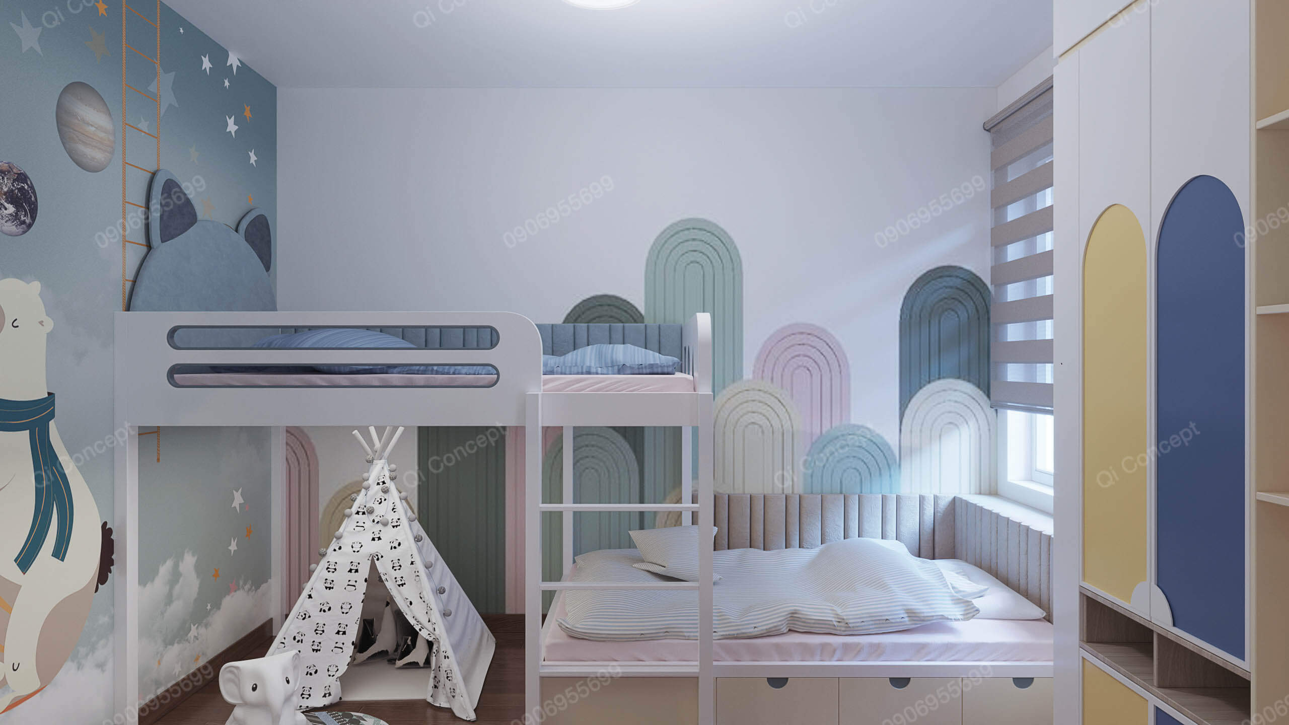 Phòng ngủ trẻ em phong cách Color Block - Giường tầng và tủ đồ nhiều màu.