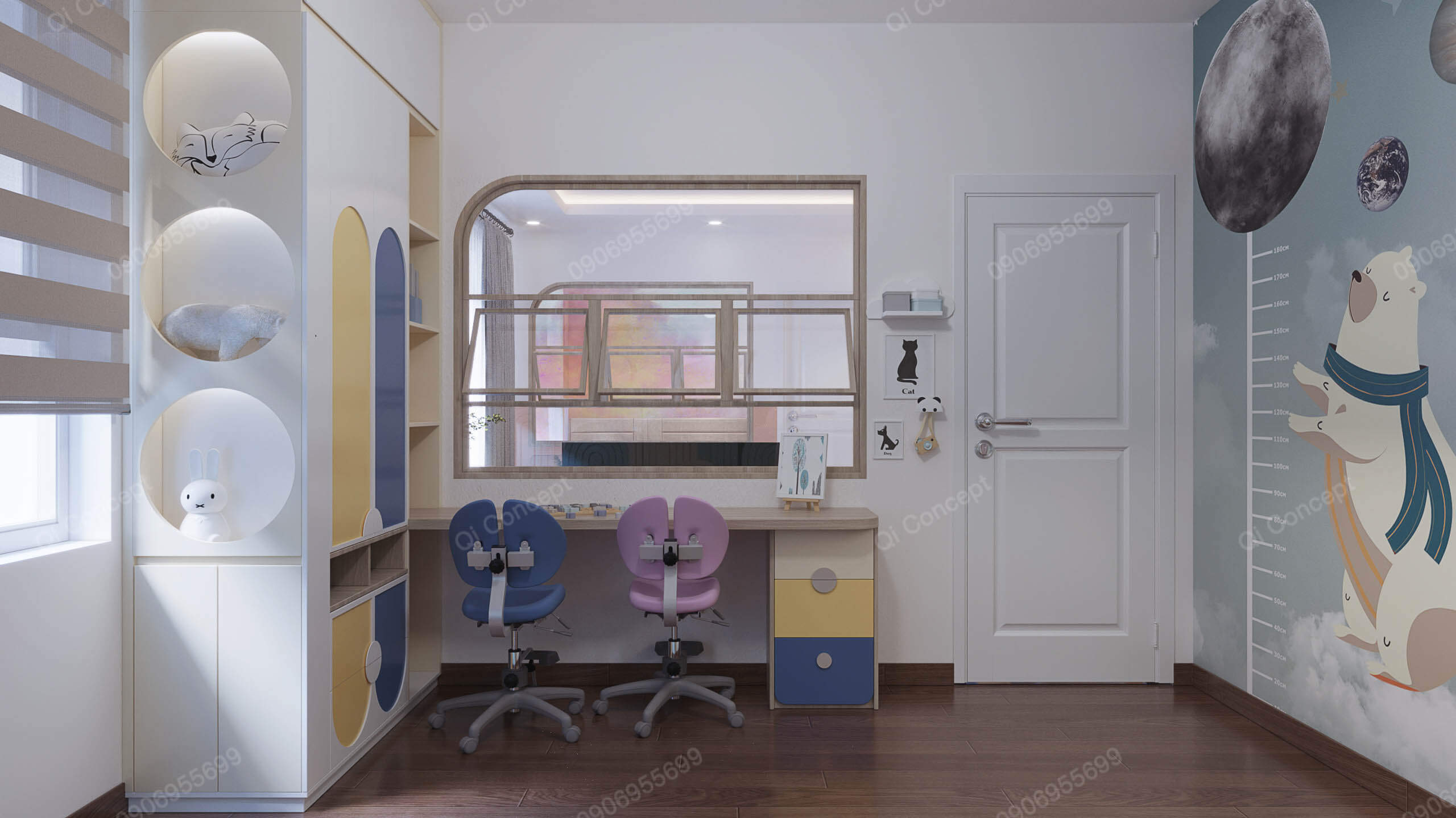 Thiết kế phòng ngủ trẻ em phong cách Color Block - Bàn học đôi và tủ sách.