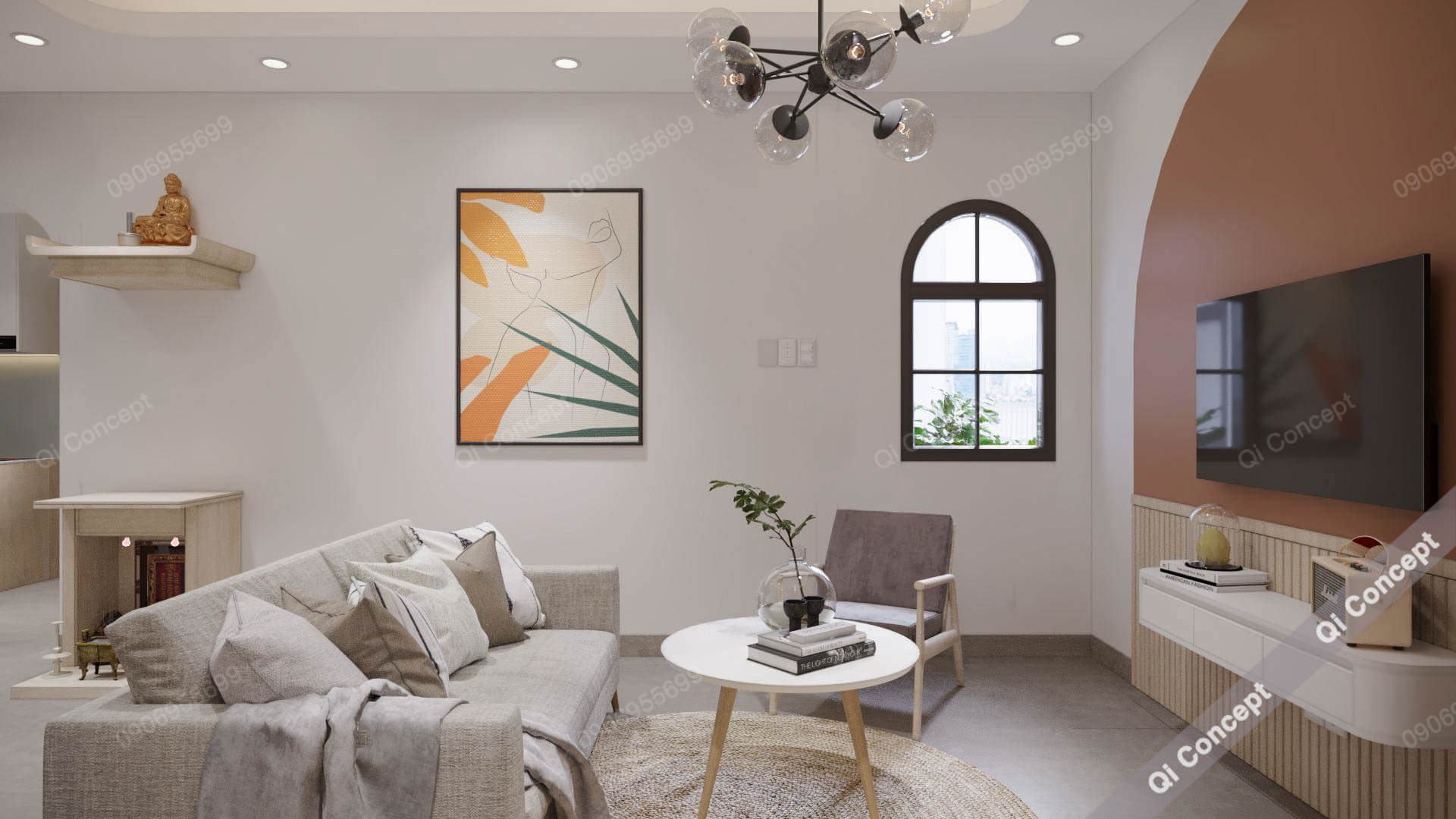 Phòng khách phong cách Color Block - Vách tivi và cửa sổ độc đáo.