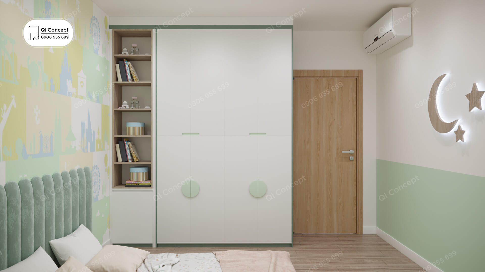 Thiết kế phòng ngủ trẻ em phong cách Color Block - Tủ và bàn học.