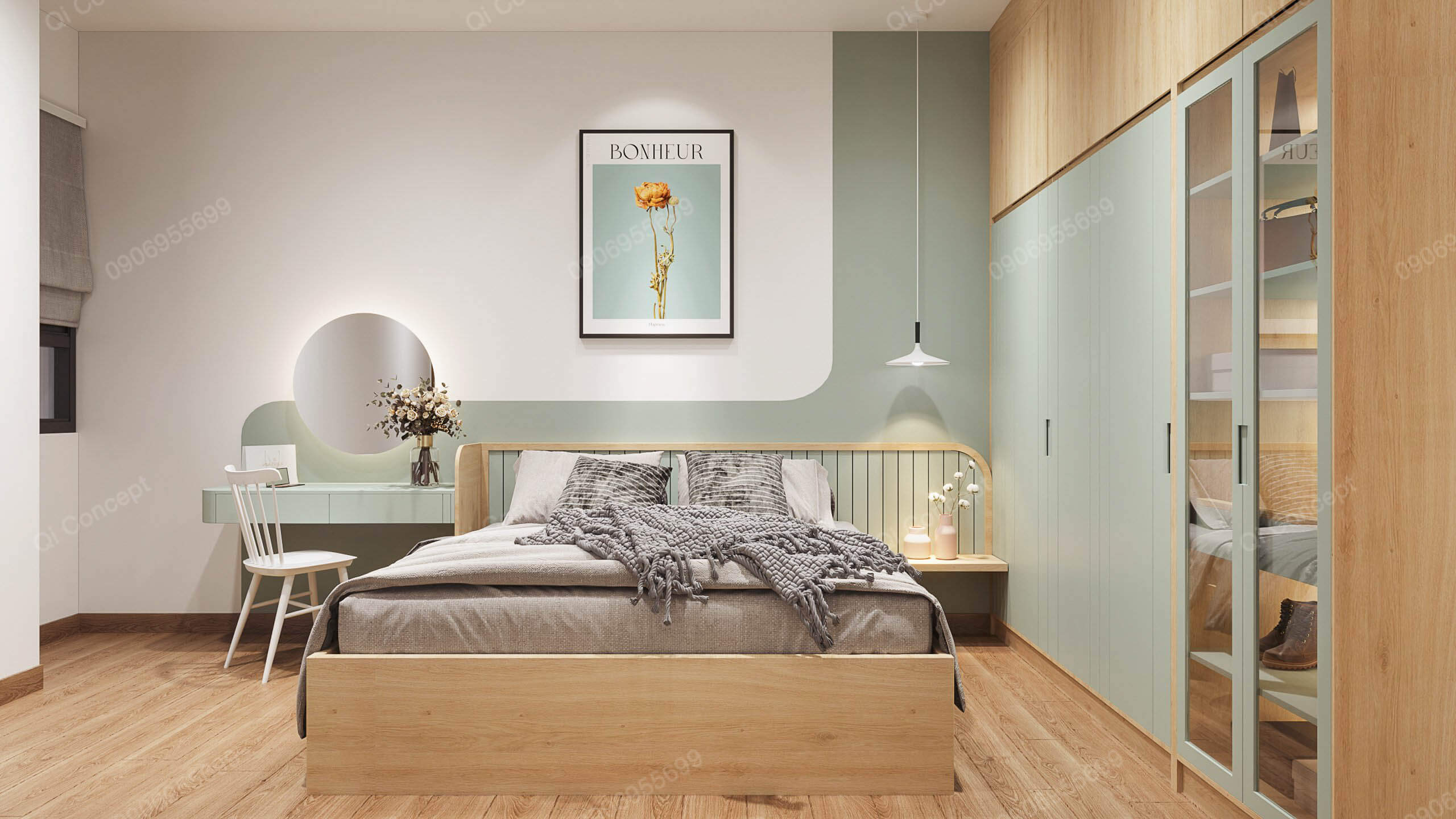 Phòng ngủ phong cách Color Block - Nội thất màu xanh mint và gỗ