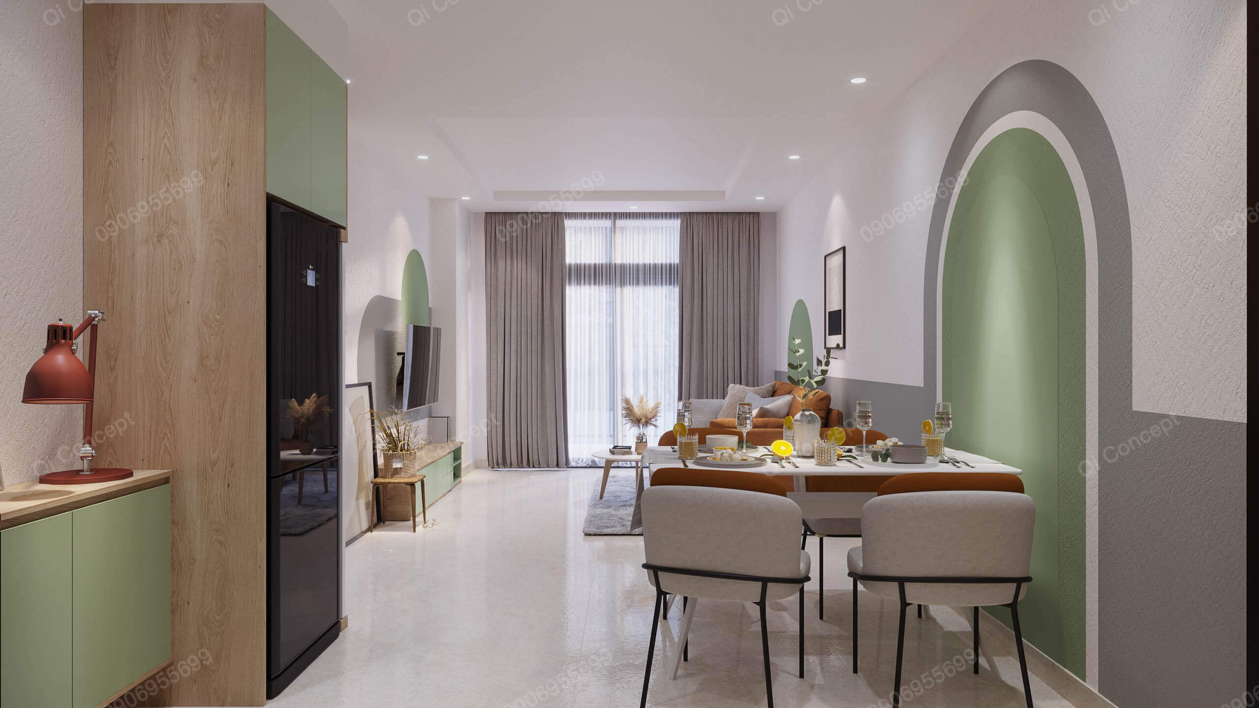 Không gian sống phong cách Color Block - Phòng khách và bàn ăn.