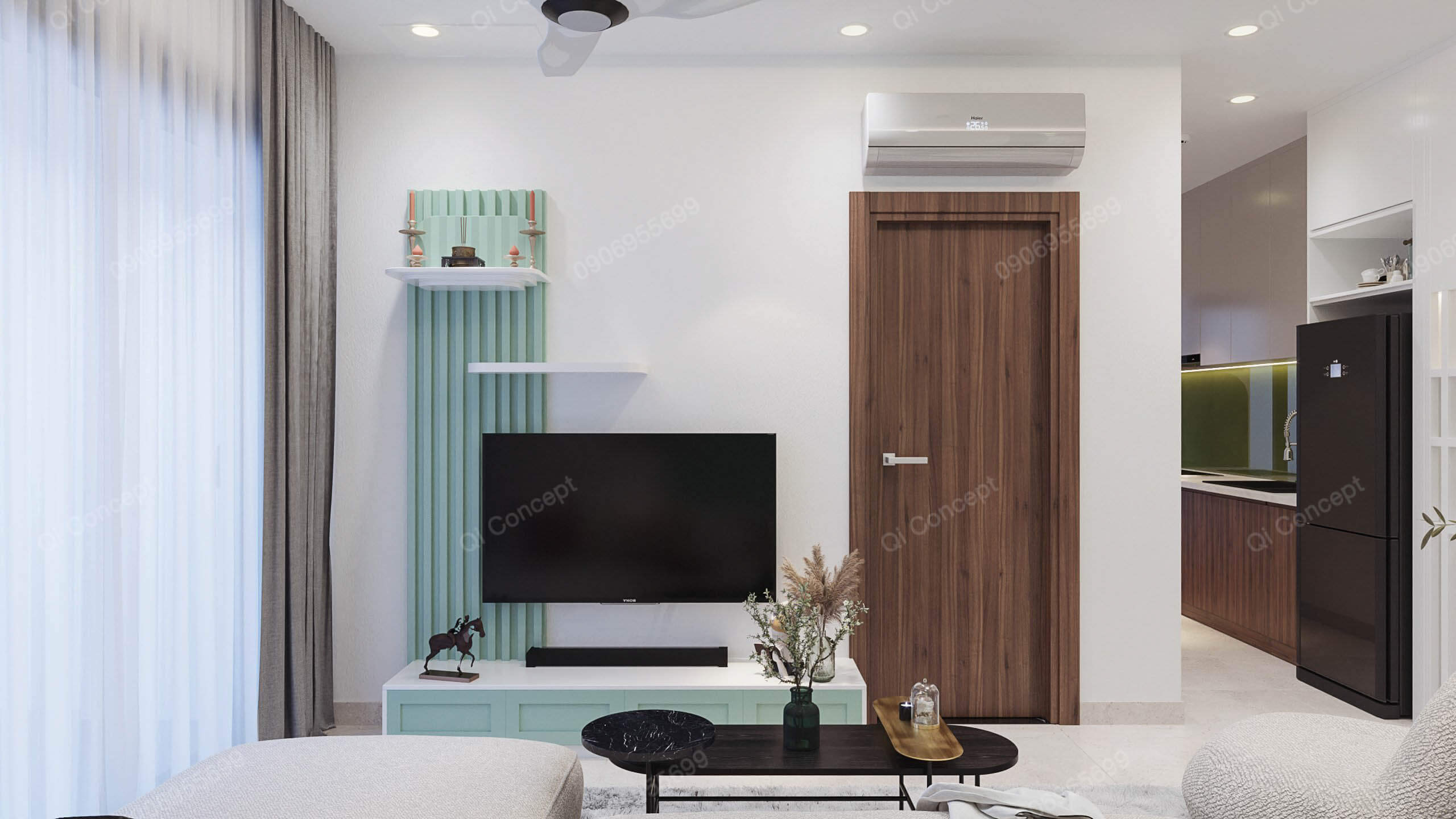 Vách tivi phòng khách phong cách Color Block - Màu xanh mint nổi bật.