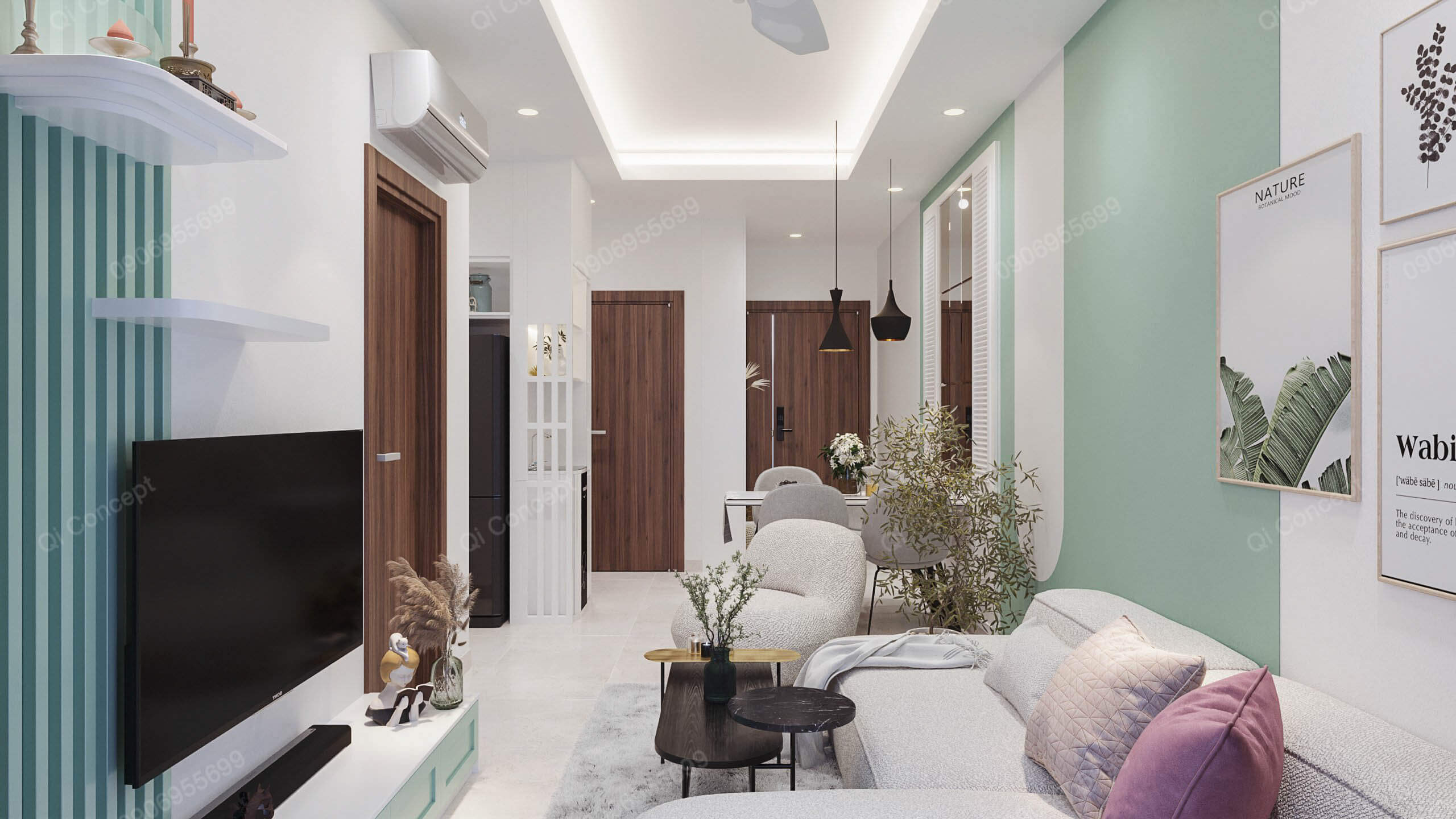 Thiết kế phòng khách phong cách Color Block - Mảng tường màu xanh lá và trắng.