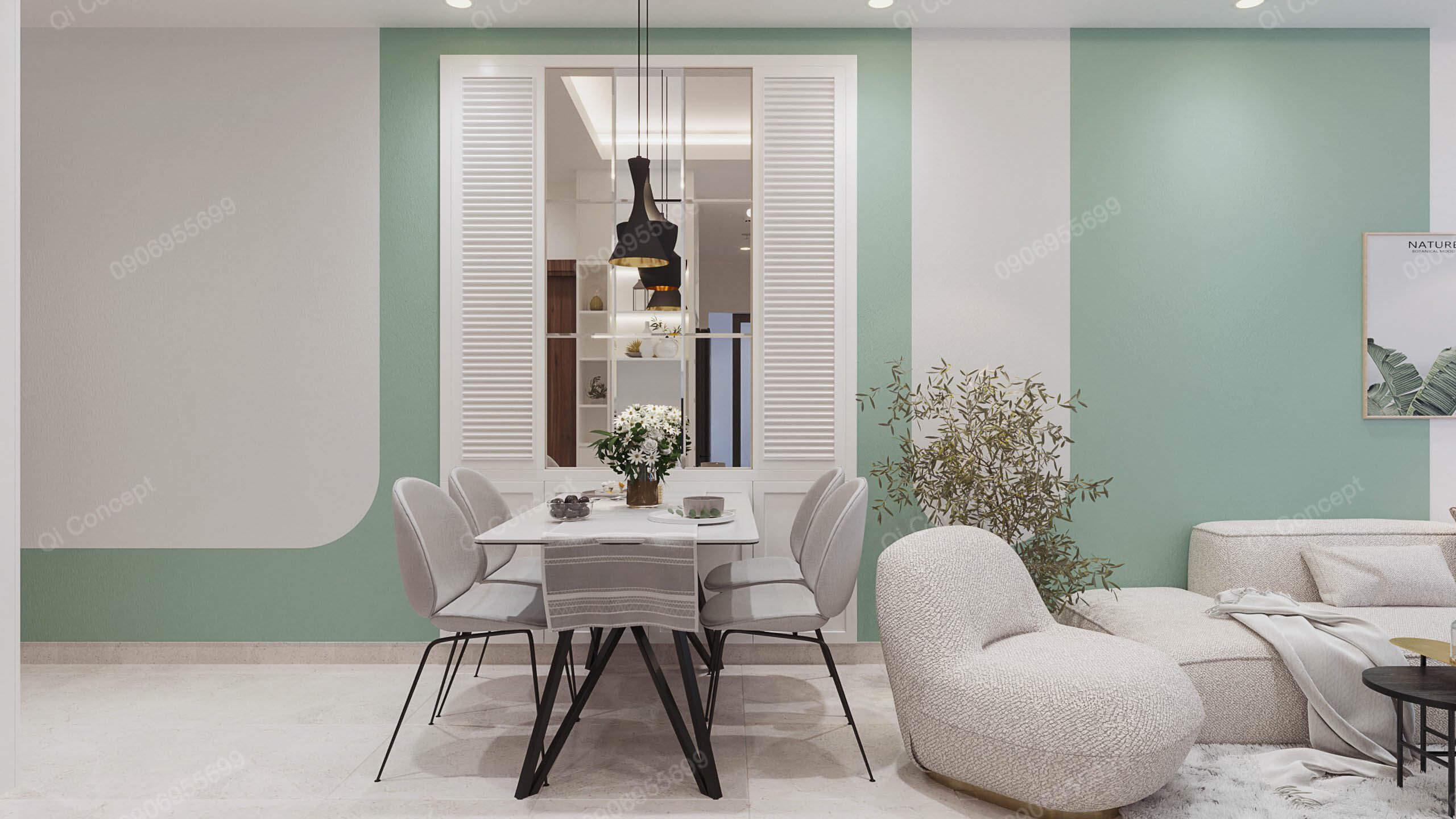 Khu vực bàn ăn phong cách Color Block - Tường màu xanh và trắng.