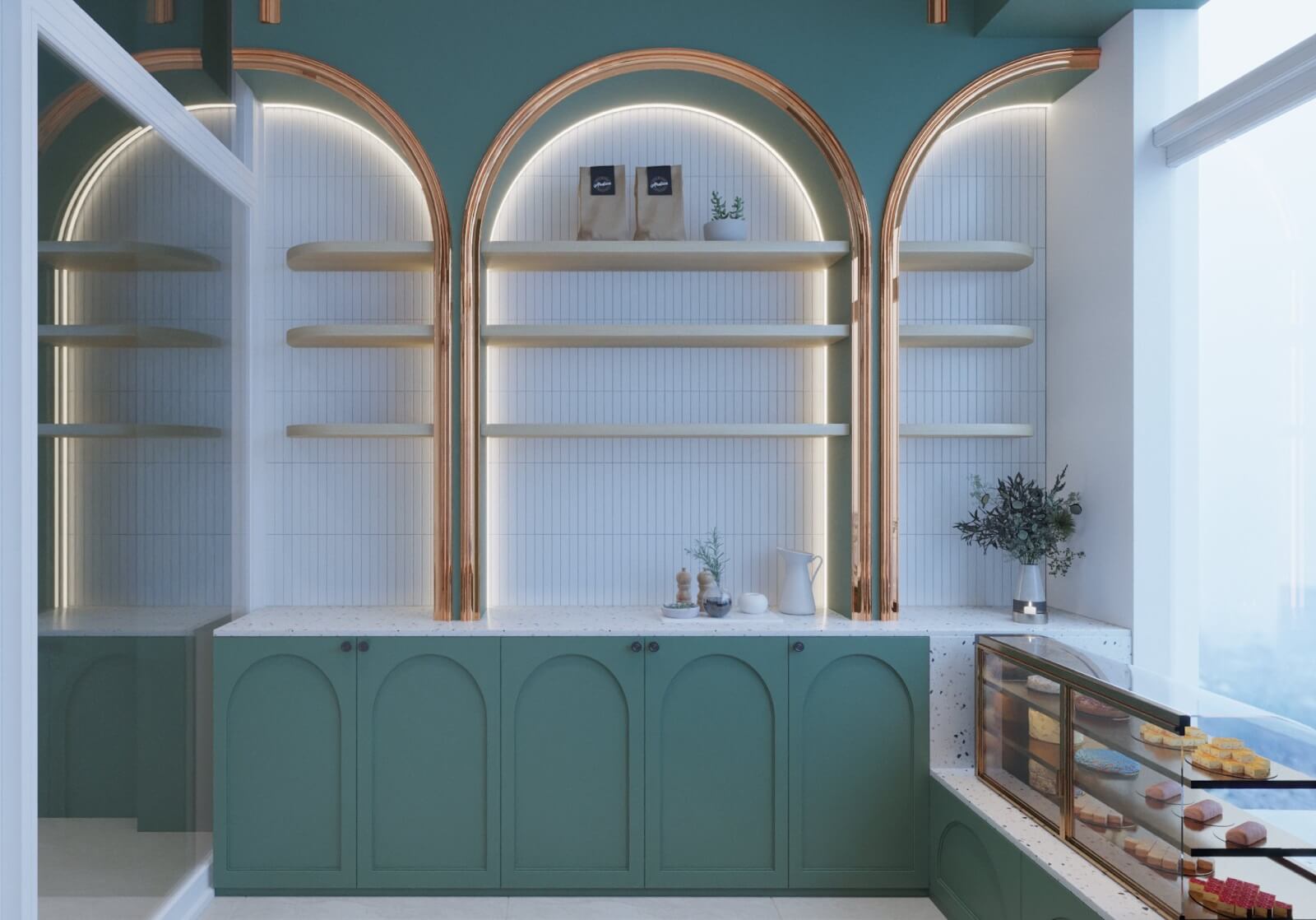 Đây là thiết kế tiệm bánh ở dưới trệt, được thiết kế theo tông màu xanh chủ đạo