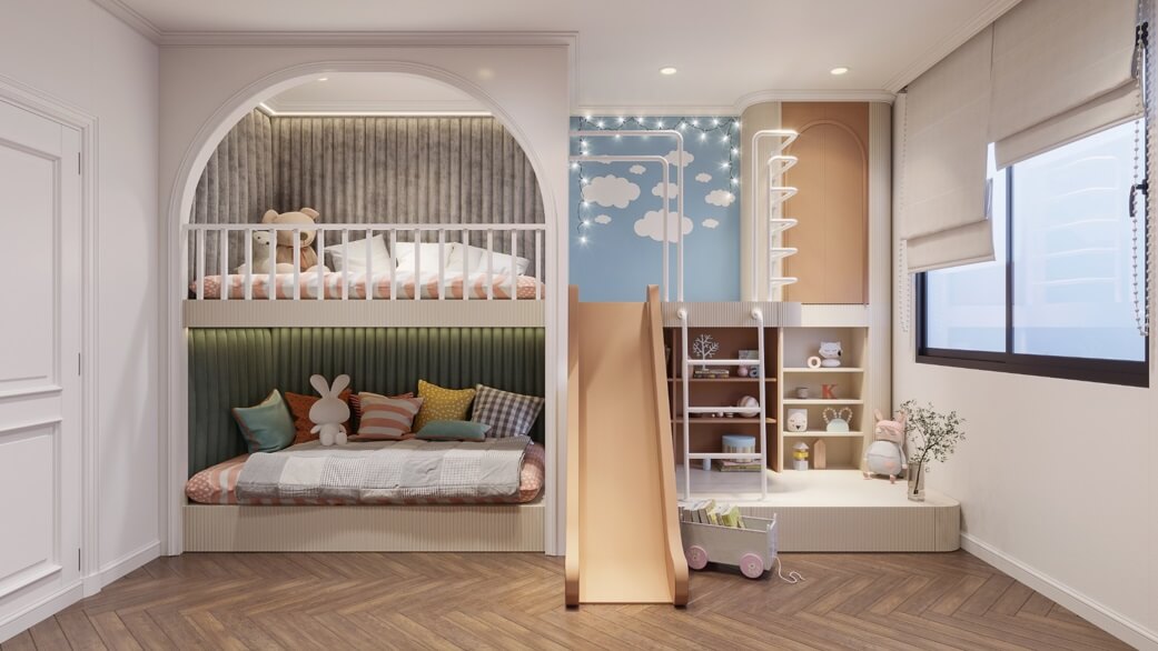 Phòng trẻ con được bố trí với hệ giường tầng kết hợp cầu trượt nhỏ