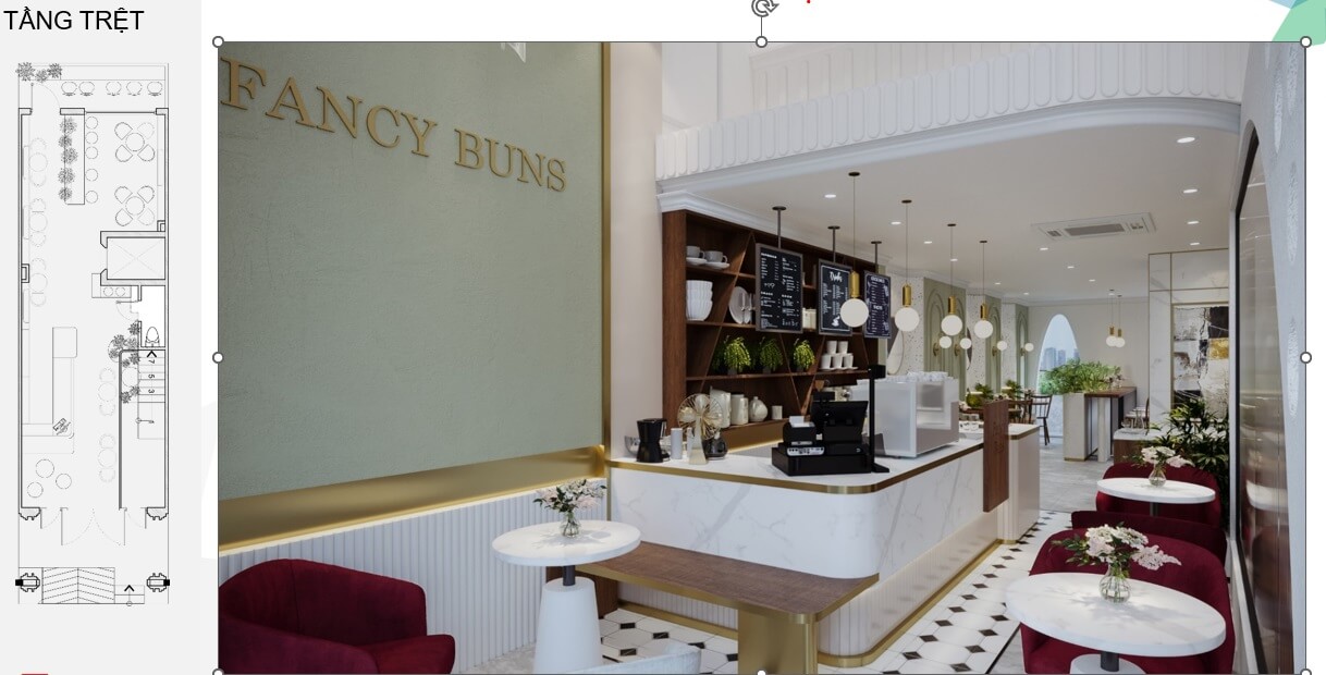 Quán cafe được bố trí dưới trệt rất đẹp, đảm bảo đủ công năng kinh doanh.