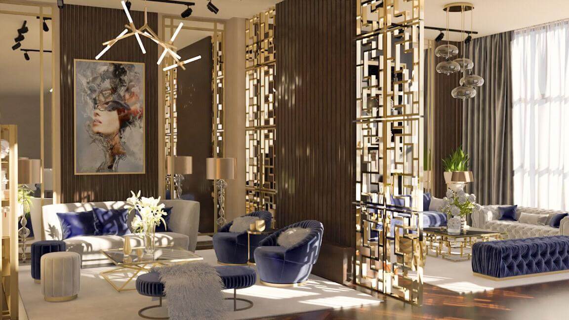 Phòng khách Art Deco - Vách ngăn kim loại mạ vàng và sofa nhung.