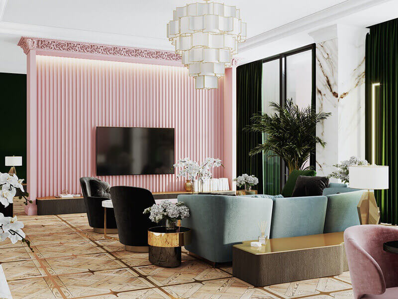 Nội thất phòng khách phong cách Art Deco - Tông màu pastel và đèn chùm độc đáo.