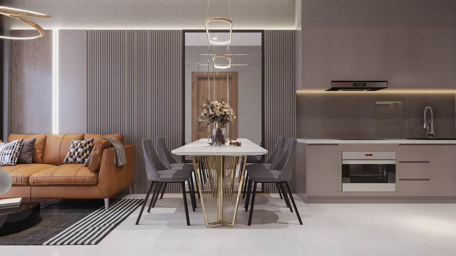 Nội thất căn hộ phong cách Taiwan - Khu vực bếp và bàn ăn hiện đại.