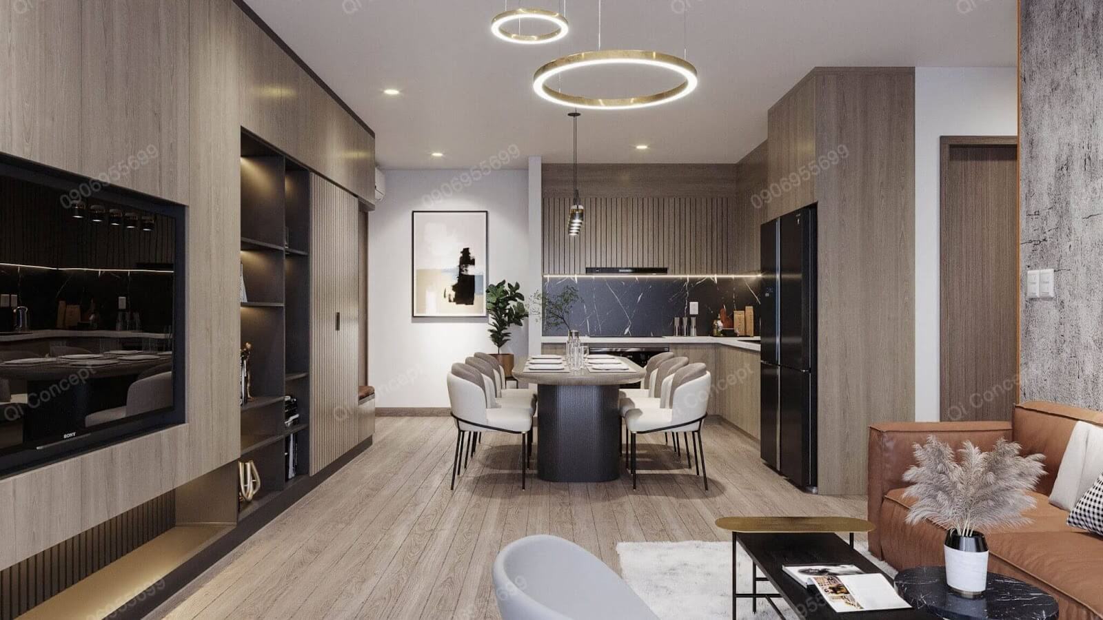 Nội thất phong cách Taiwan - Bố cục phòng khách và bếp liên thông.