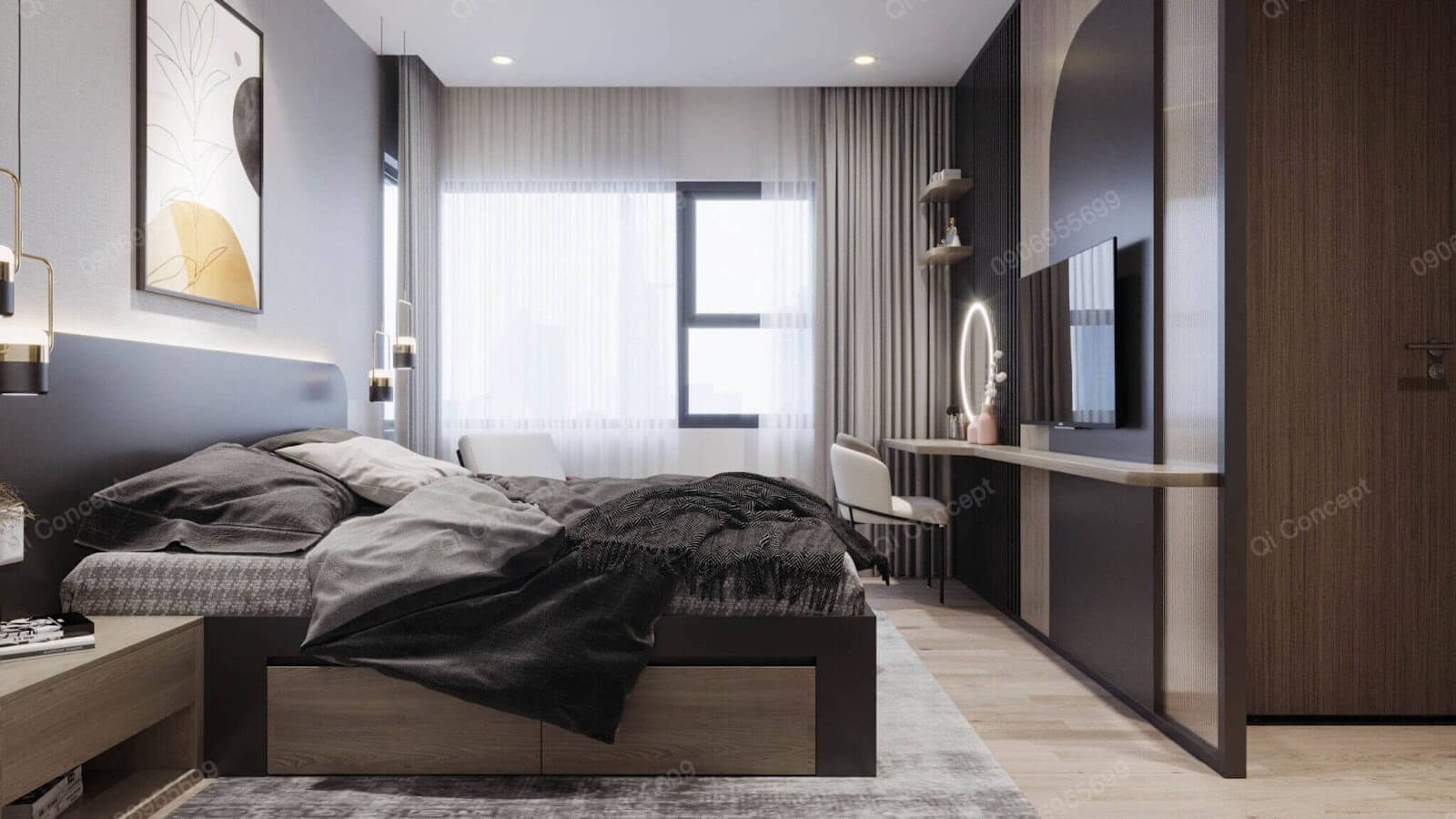 Nội thất phòng ngủ phong cách Taiwanese - Kết hợp giường và bàn trang điểm.