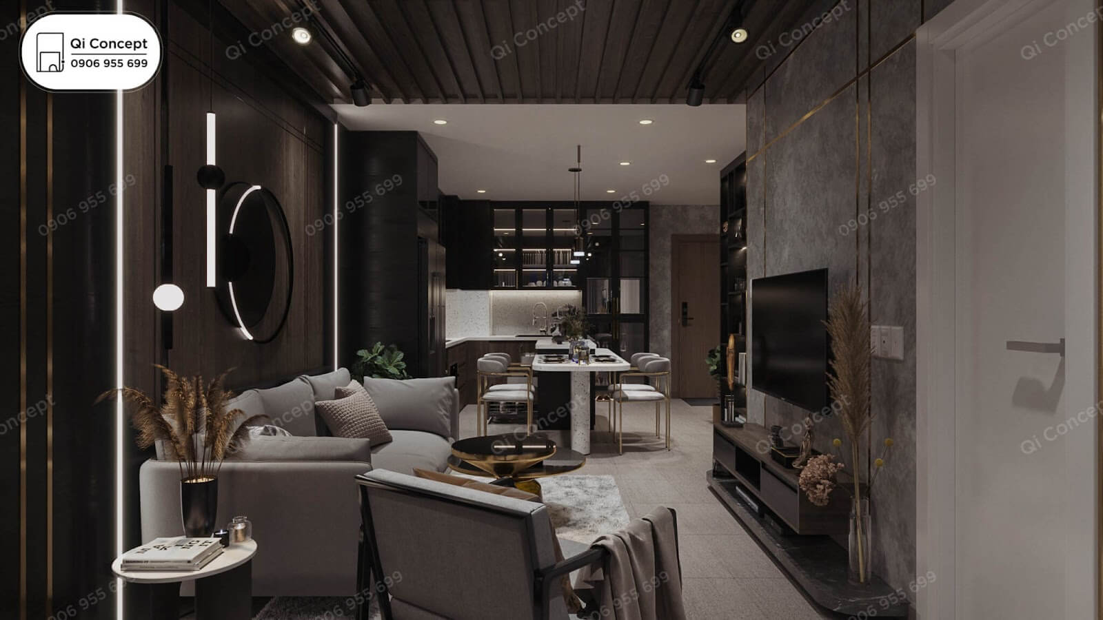 Nội thất căn hộ hiện đại phong cách Taiwan - Không gian phòng khách và bếp.