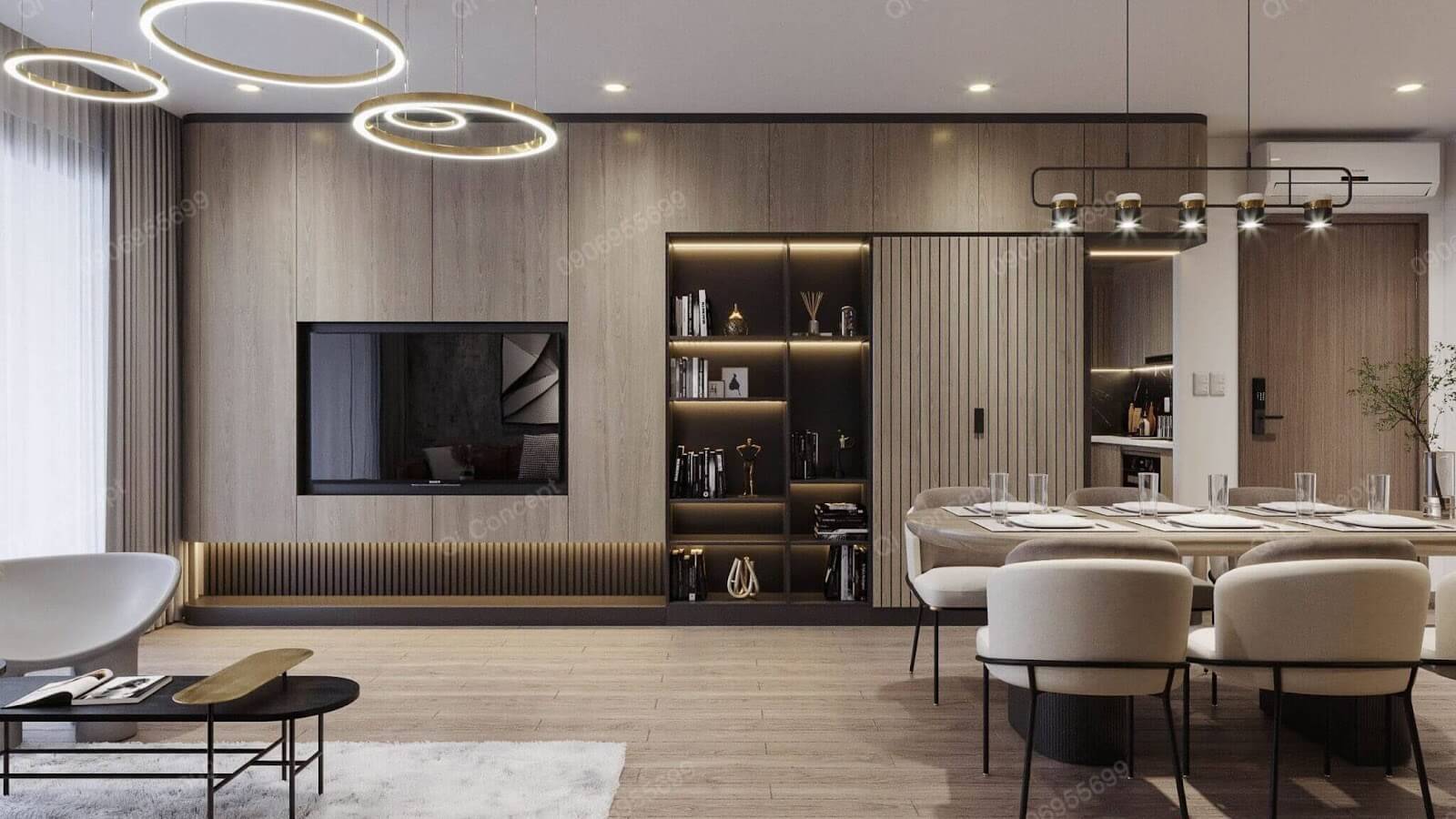 Thiết kế nội thất căn hộ phong cách Taiwan - Khu vực phòng khách và bàn ăn.