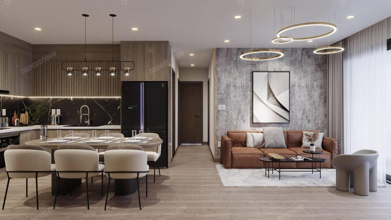 Thiết kế căn hộ phong cách Taiwan - Tổng thể phòng khách và bếp.