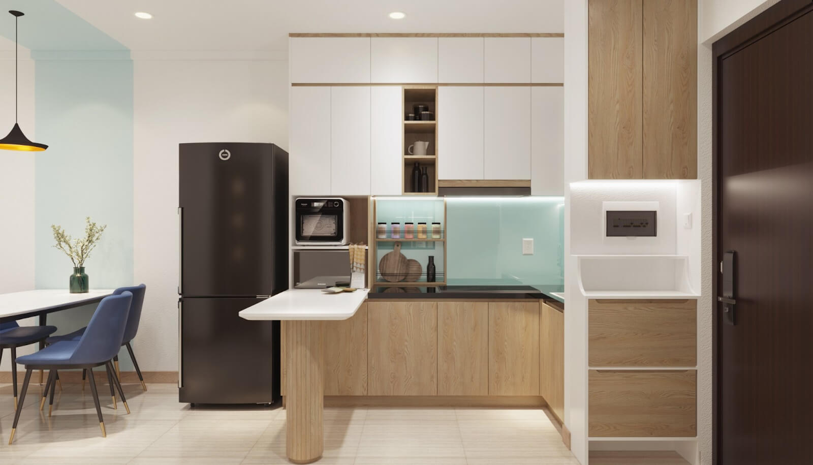 View trực diện bếp sau khi mở rộng bằng hệ bàn đảo 