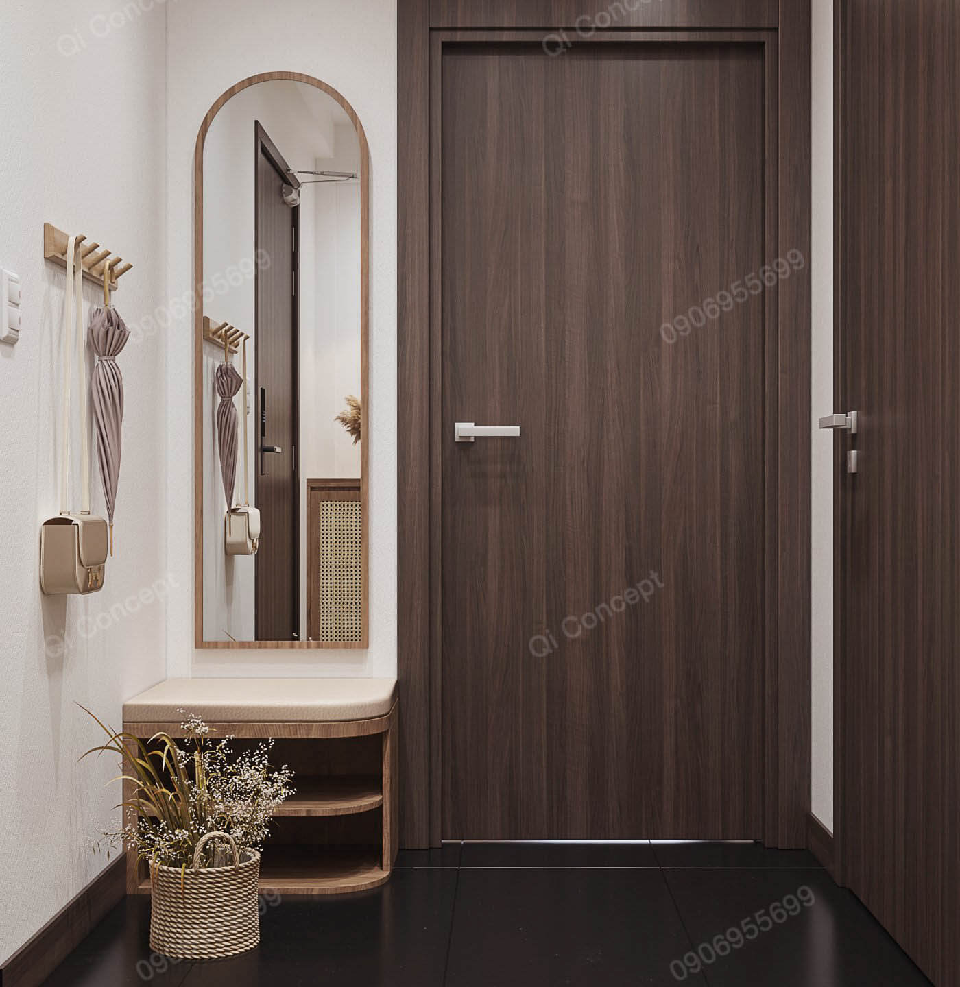 Một chiếc gương đứng được bố trí ngay cửa ra vào giúp gia chủ có thể chỉnh chu trang phục trước khi ra ngoài