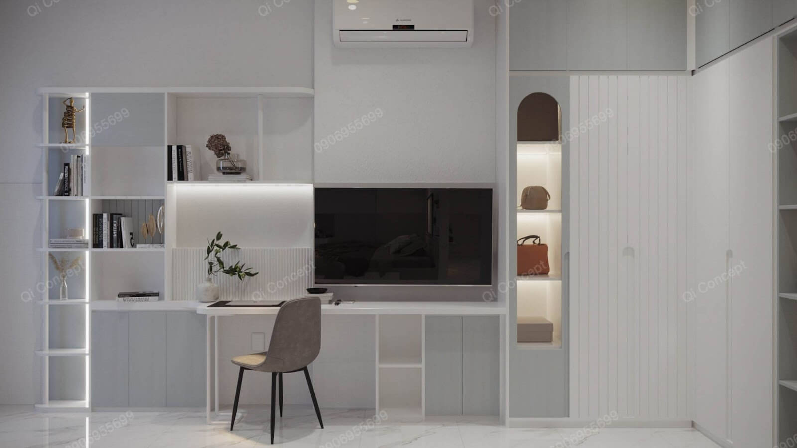 Kệ tivi được tích hợp cùng với bàn làm việc vô cùng tiện lợi