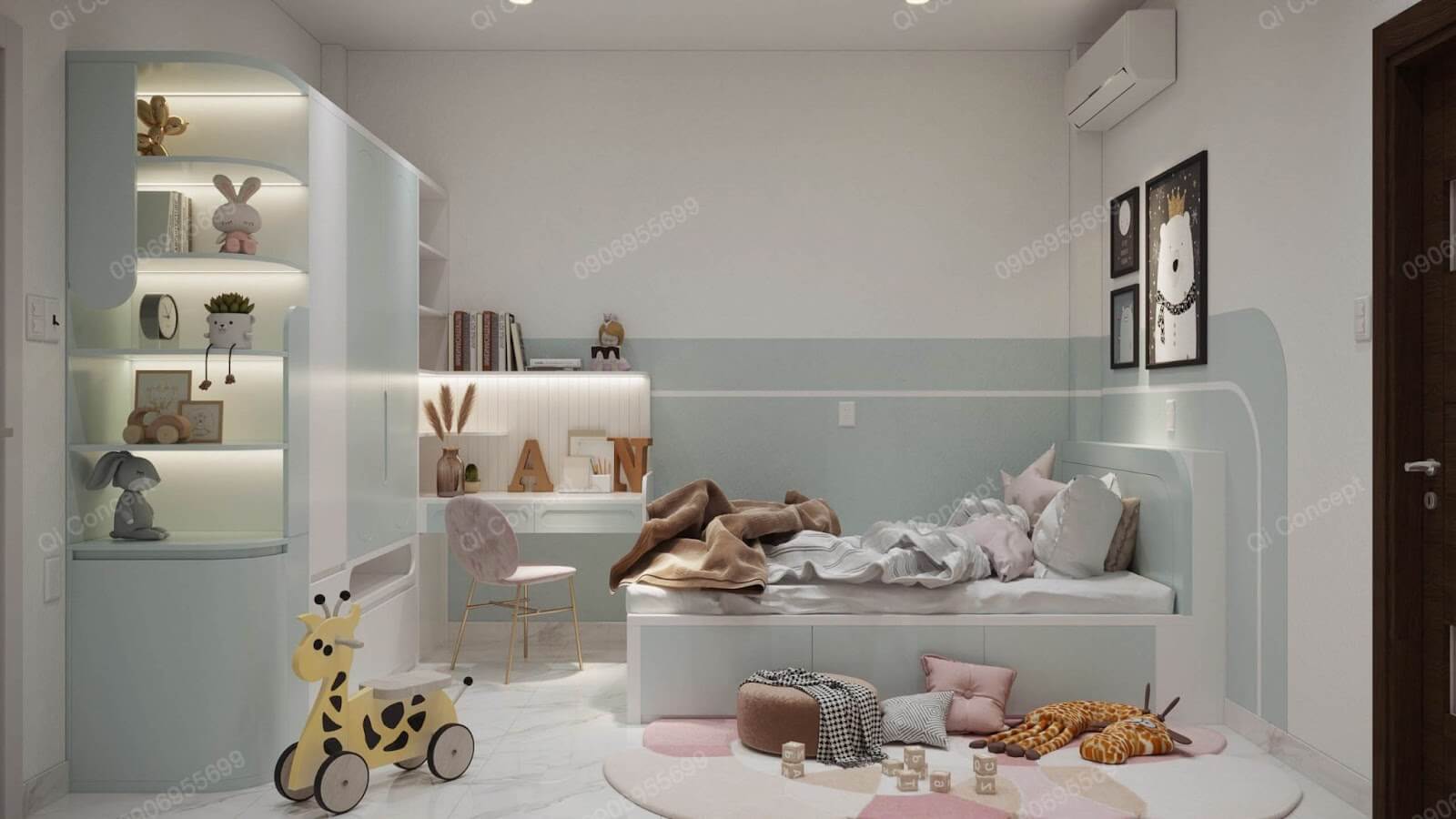 Phòng ngủ trẻ em với tone xanh mint dịu mát cùng đồ trang trí nội thất ngộ nghĩnh, đáng yêu