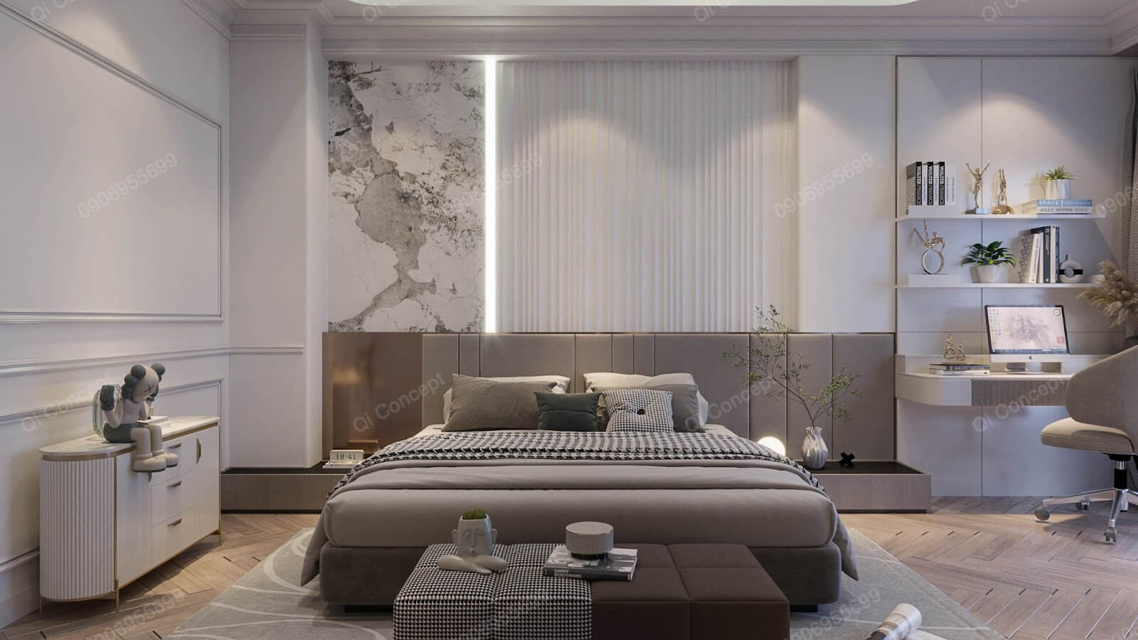 Phòng ngủ master được thiết kế theo phong cách tân cổ điển mix hiện đại độc đáo