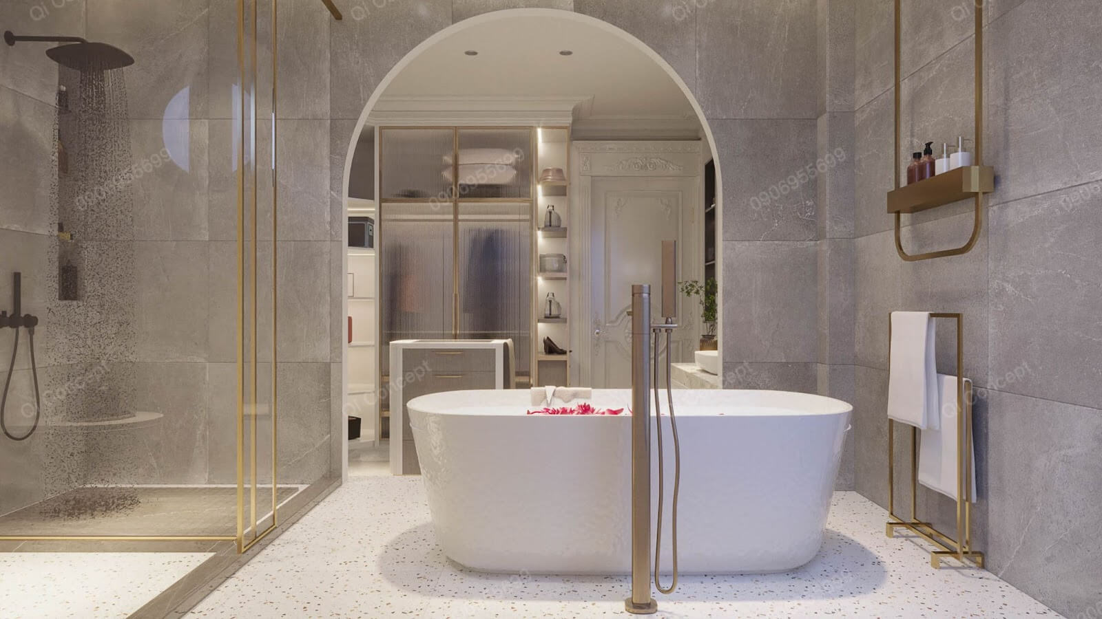 Phòng tắm với chiếc bồn tắm tạo điểm nhấn, nơi giúp gia chủ thư giãn sau những giờ làm việc căng thẳng