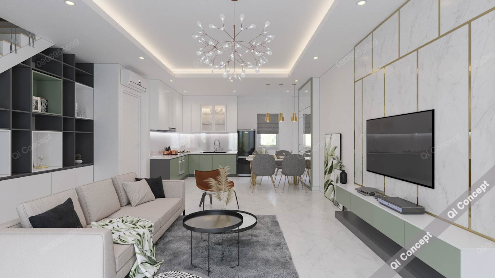 Tổng thể thiết kế tạo cảm giác nhẹ nhàng mềm mại bởi các mảng màu xanh mint được cách điệu vào