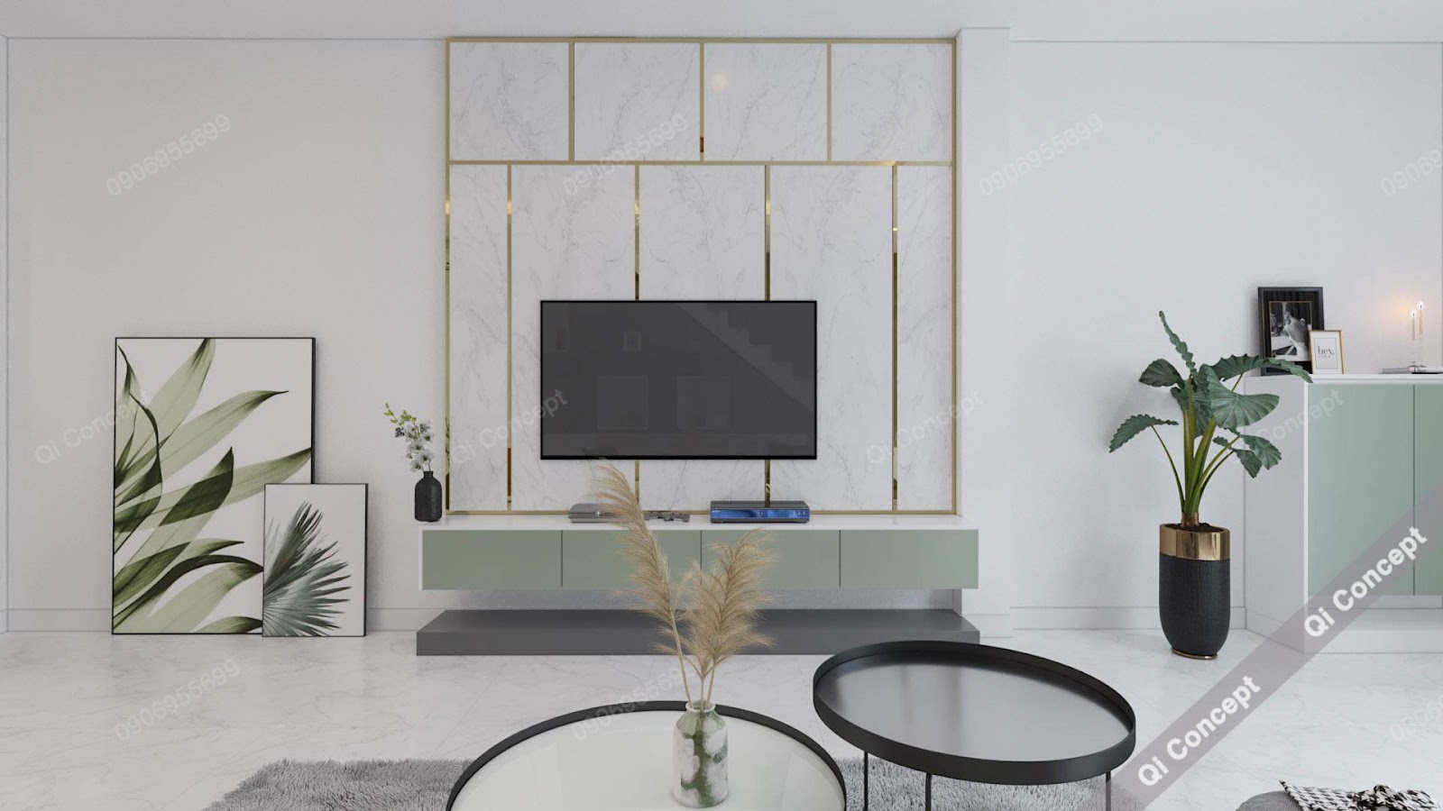 Vách tivi được cách điệu bằng những đường thẳng màu vàng đồng vô cùng sang trọng