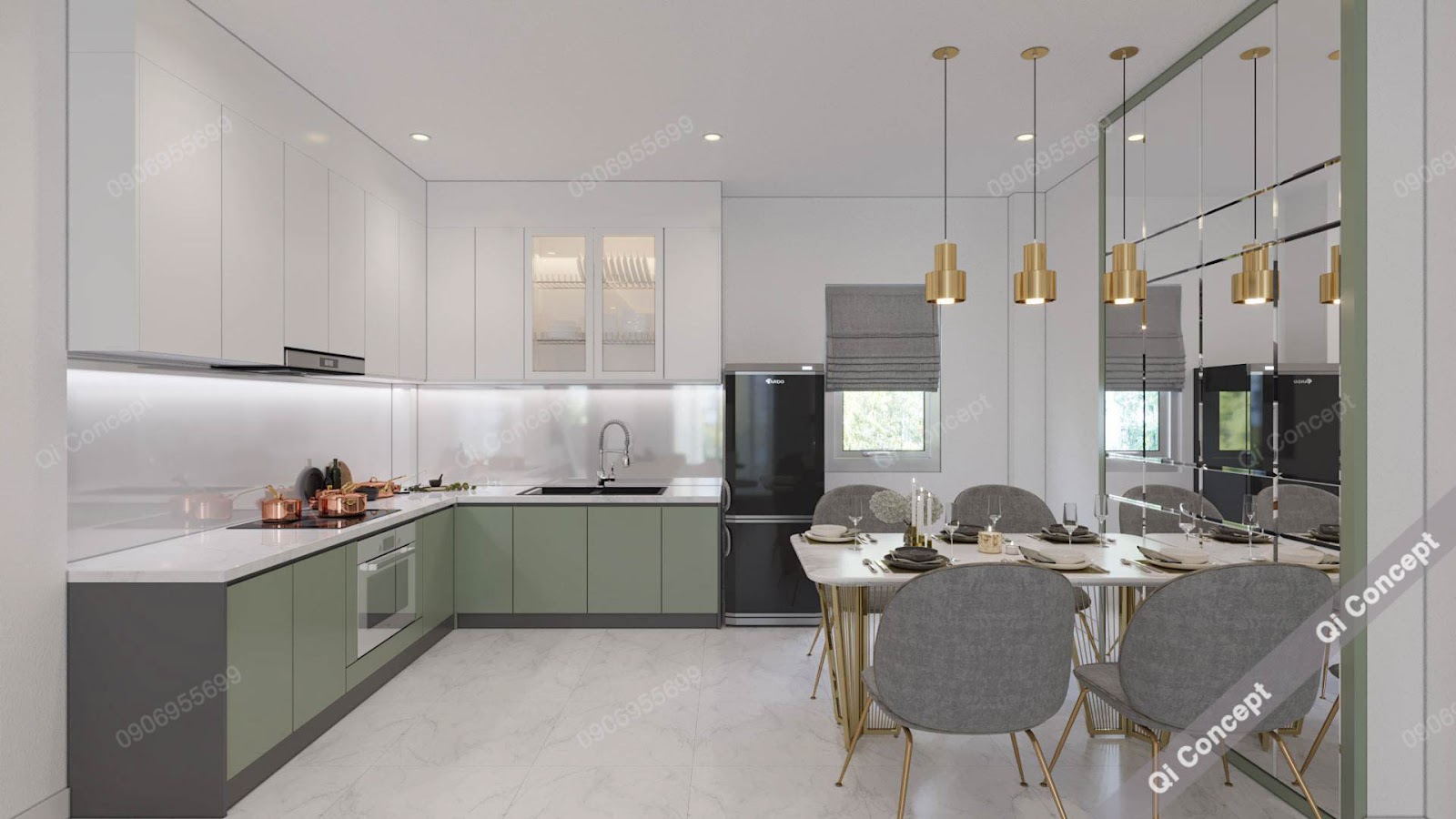 Không gian bếp sang trọng với hệ bếp chữ L cùng tủ kịch trần thông minh