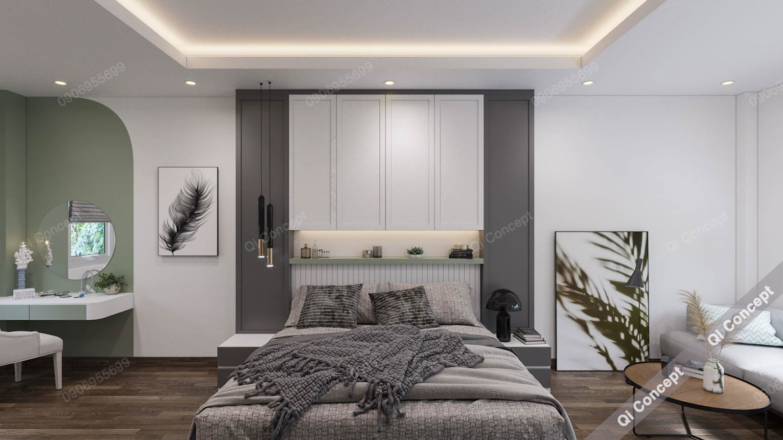 Phòng ngủ master sang trọng, lôi cuốn mọi ánh nhìn với gam màu trắng - xanh trang nhã