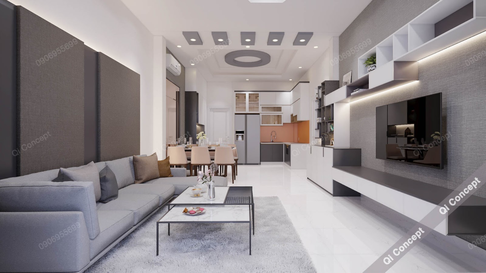 Sofa tông màu chủ đạo kết hợp cùng bàn trà hiện đại