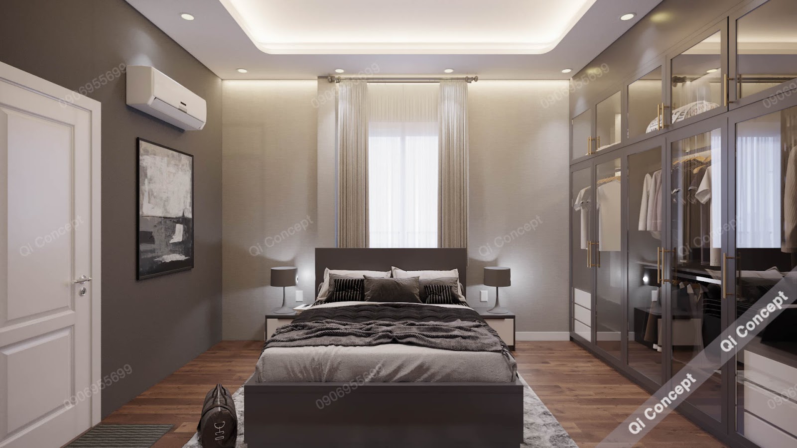 Phòng ngủ master với tone màu trầm tinh xảo, hiện đại