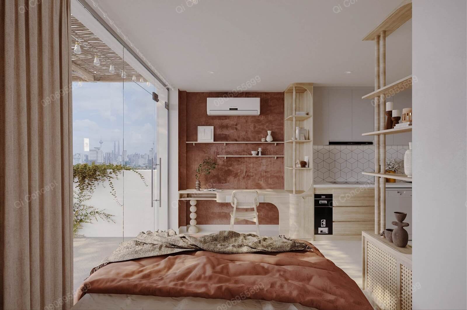 KTS đã tạo điểm nhấn bằng màu đỏ gạch cho căn hộ