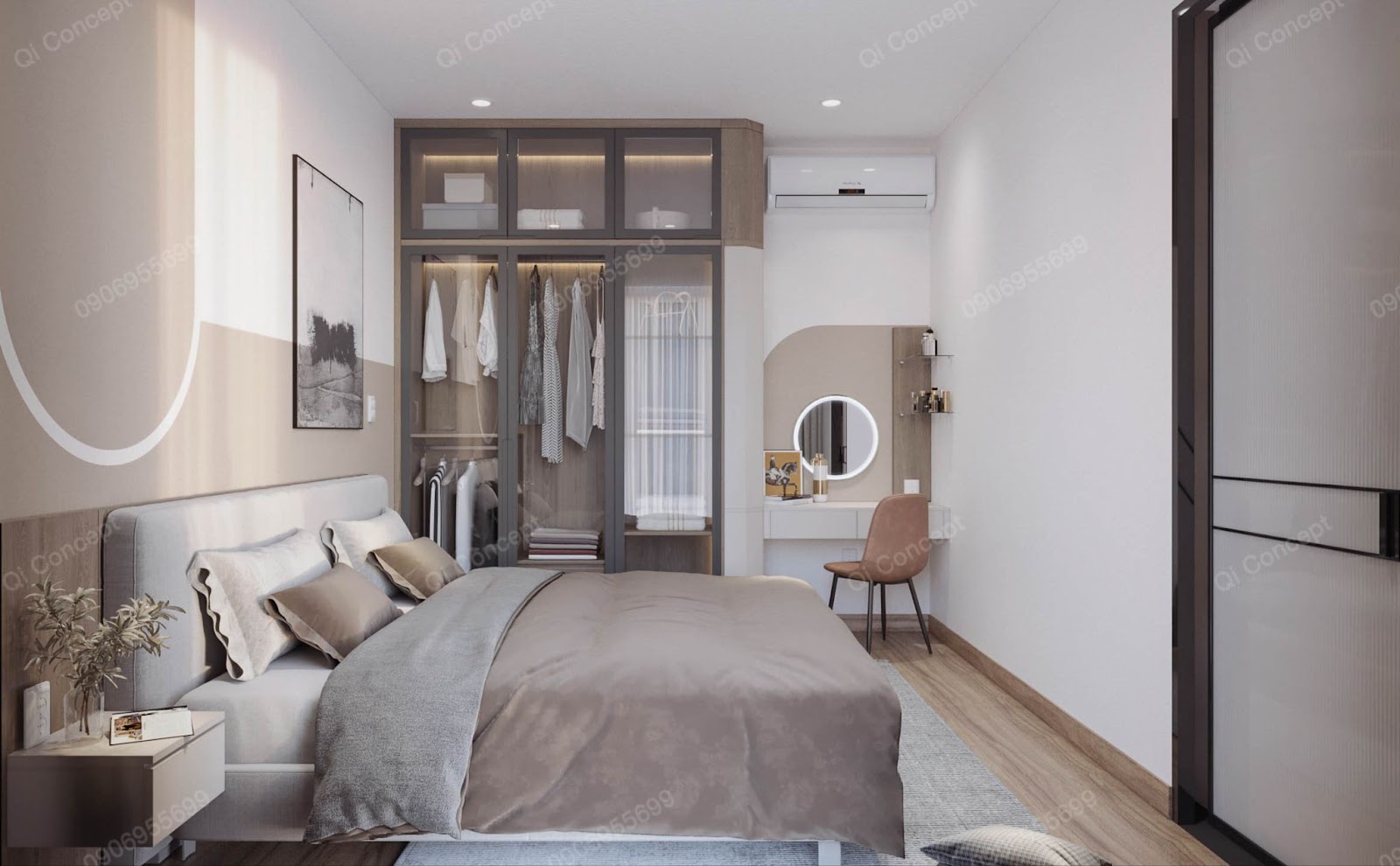 Phòng ngủ là sự phối hợp hài hòa giữa màu be - trắng - xám