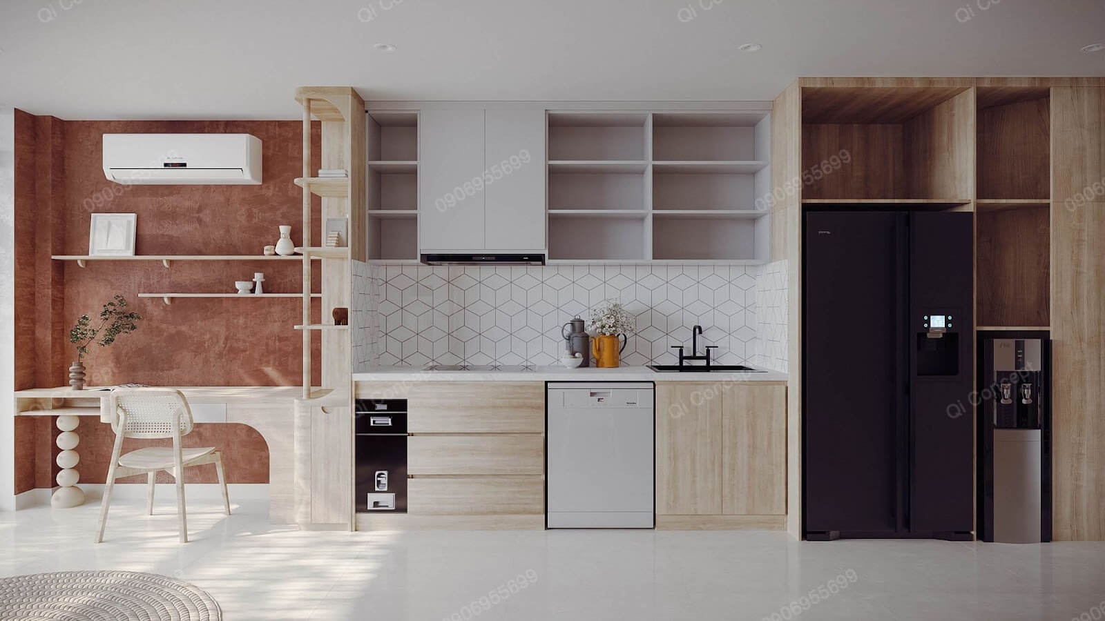 Không gian mở kết nối khu bếp - khu làm việc