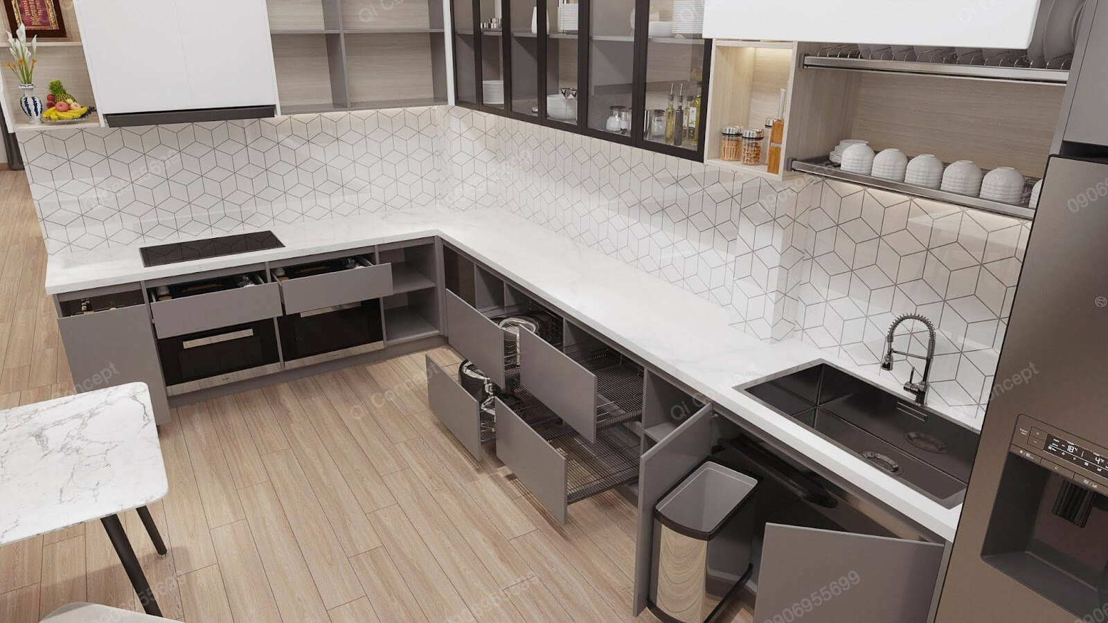 Không gian bếp đơn giản, tiện dụng với hệ bếp chữ L kết hợp với hệ tủ kịch trần