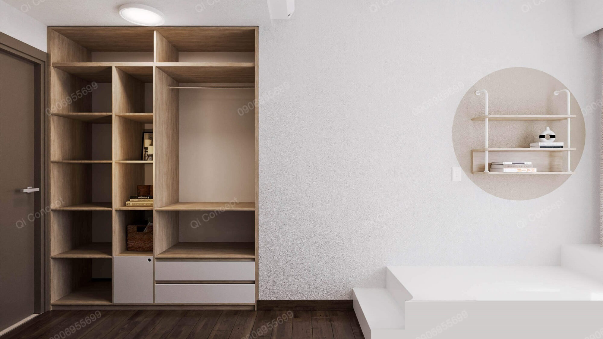 Không gian phòng ngủ master với tone trắng chủ đạo