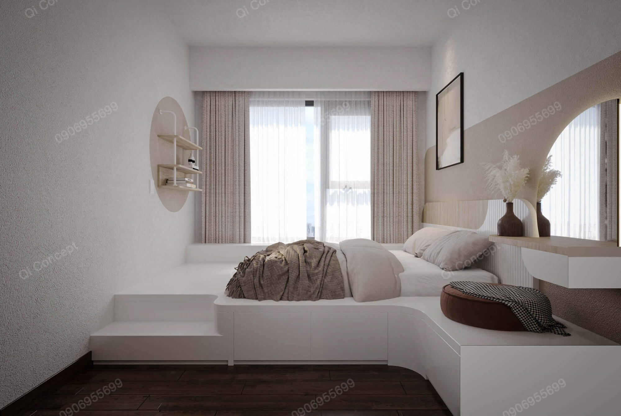 Không gian phòng ngủ master với tone trắng chủ đạo