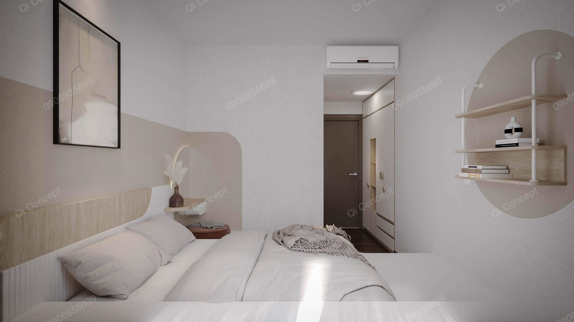 Không gian phòng ngủ master với tone trắng chủ đạo