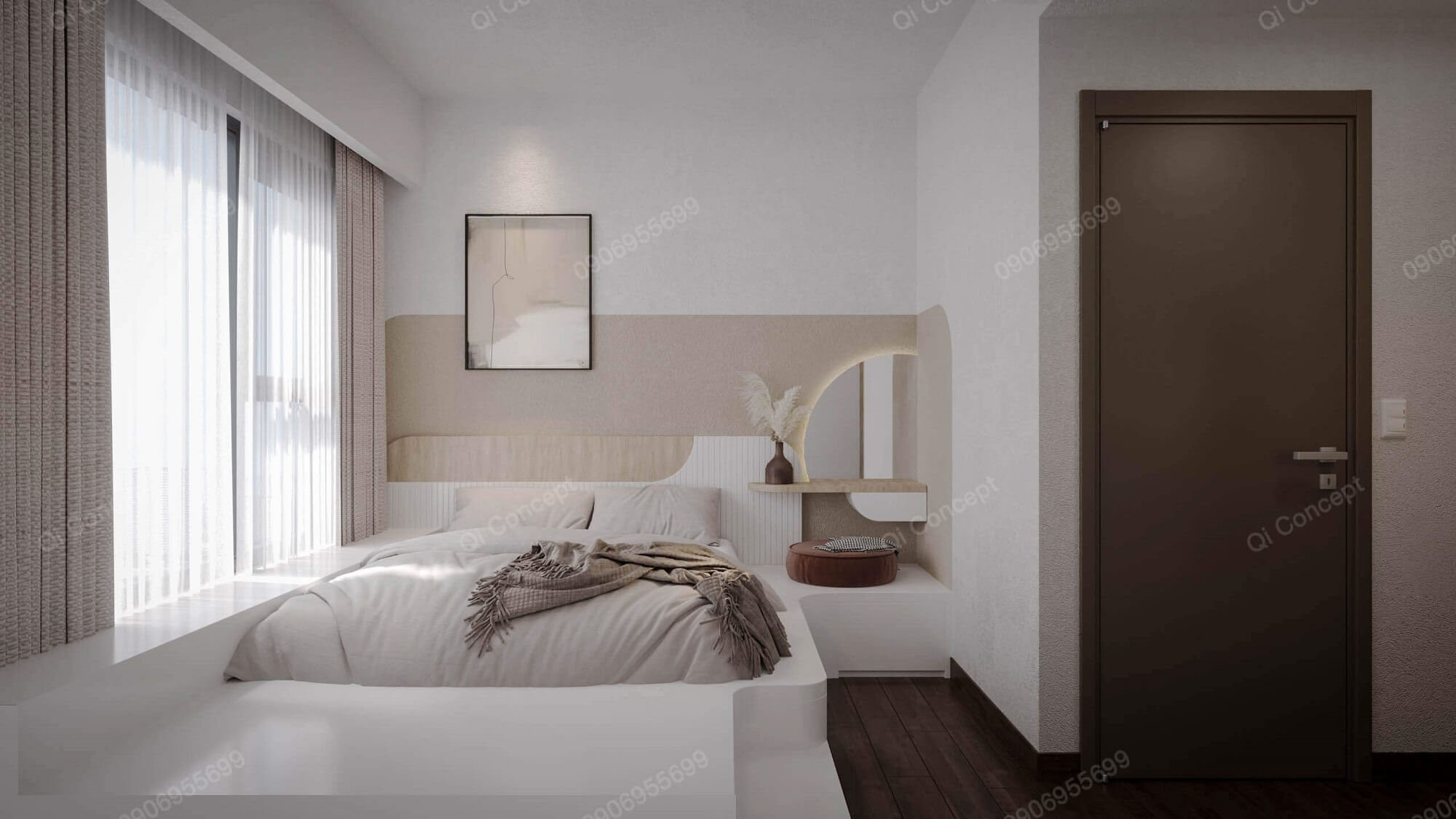 Không gian phòng ngủ master với tone trắng chủ đạo