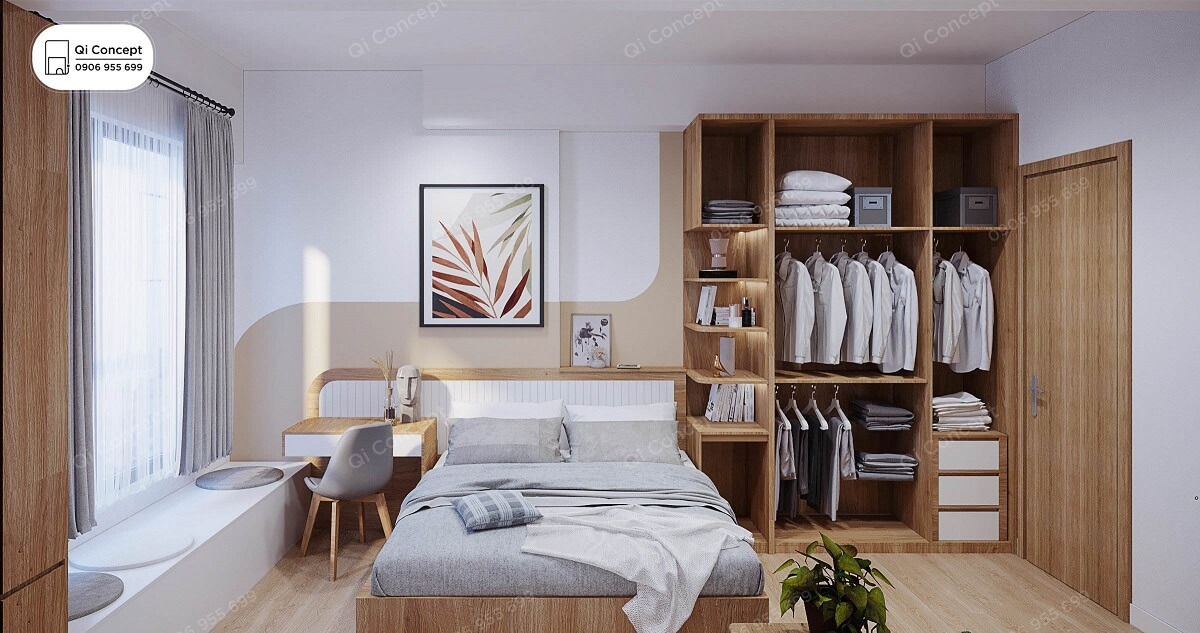 Không gian phòng ngủ master với tone nâu sáng sang trọng