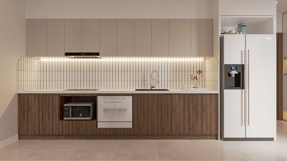 Dãy bếp chữ I gam màu chocolate, bơ sữa