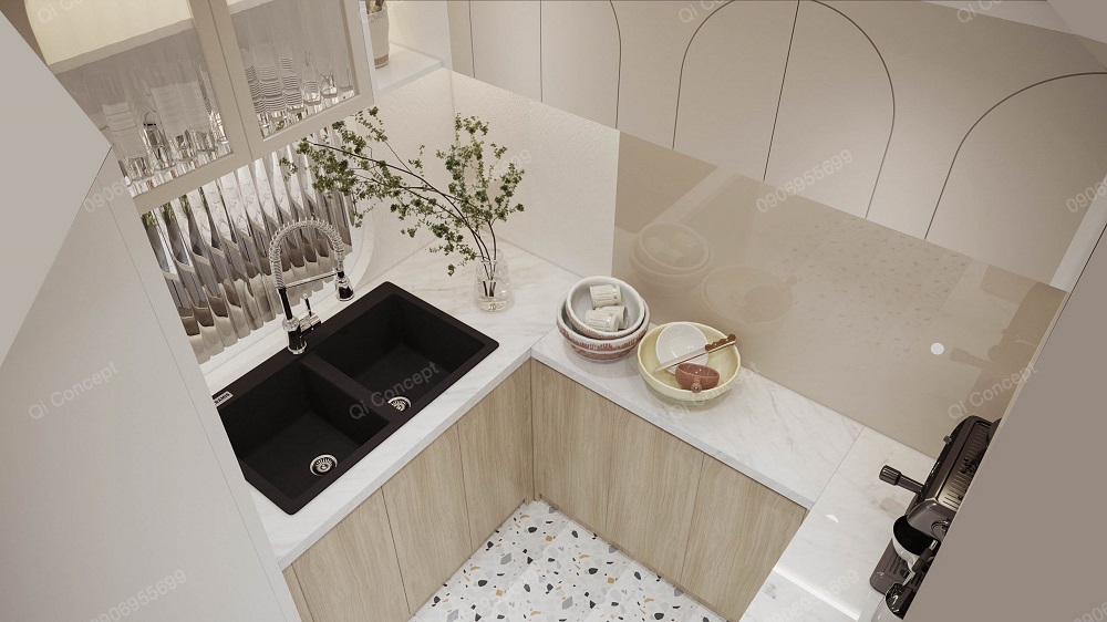 Gian bếp chữ L khi nhìn từ trên cao