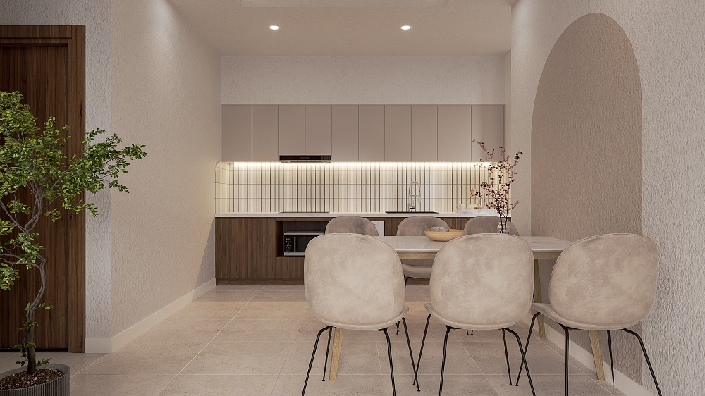 Khu vực ăn uống và nấu nướng khi nhìn từ phòng khách