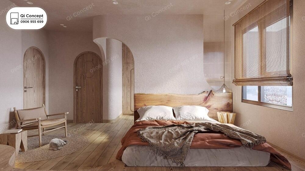 Phòng ngủ được thiết kế theo phong cách wabi sabi ấm cúng.