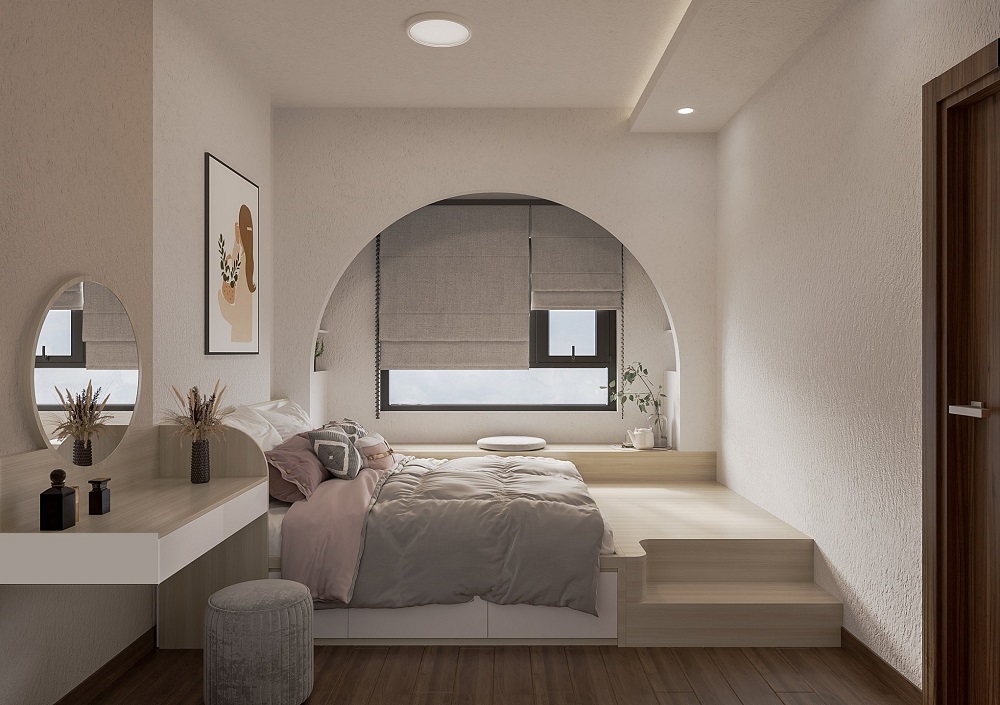 Phòng ngủ master được cách điệu với bục cầu thang