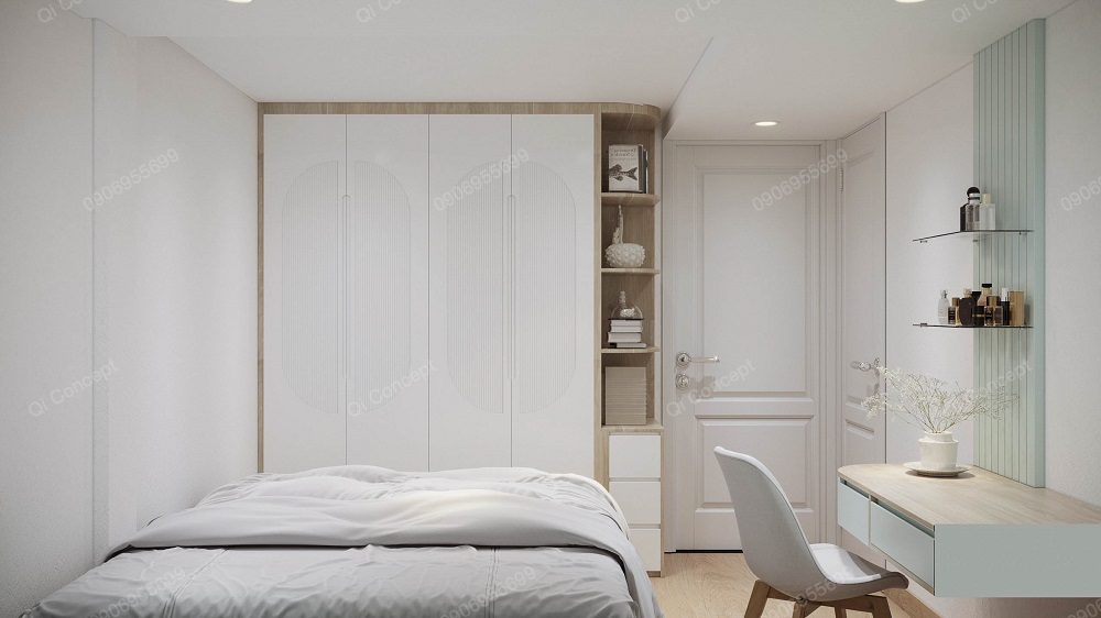 Phòng ngủ master tối giản gam màu trắng. xanh lá pastel